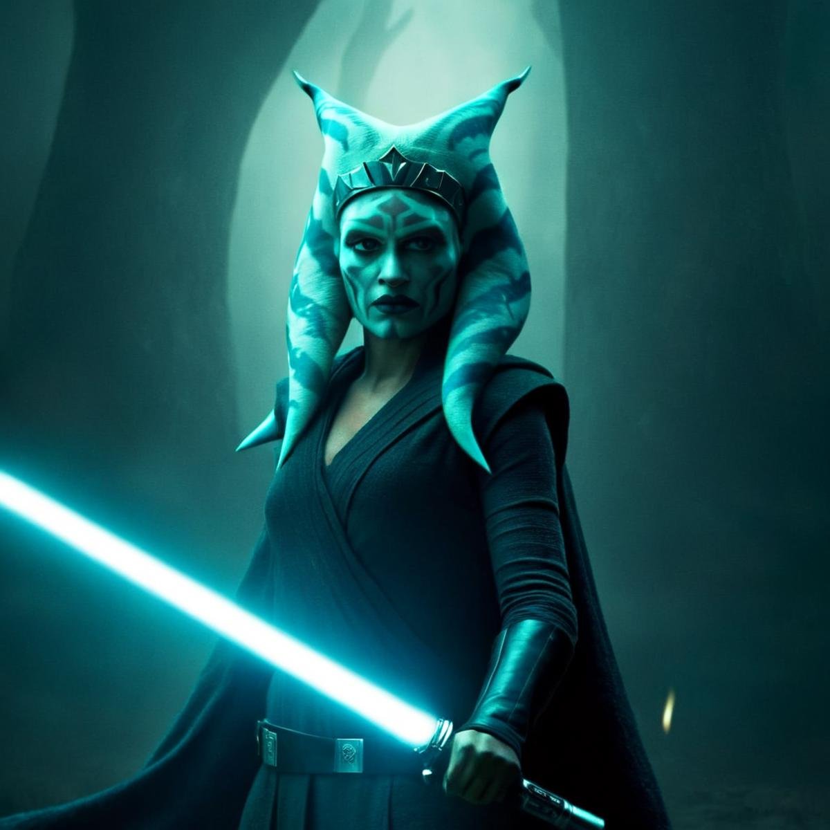 Dark Fantasy Art of  <lora:Ahsoka Tano:1.5>Ahsoka Tano a woman in a costume holding a light saber in star wars universe, dark, moody, dark fantasy style