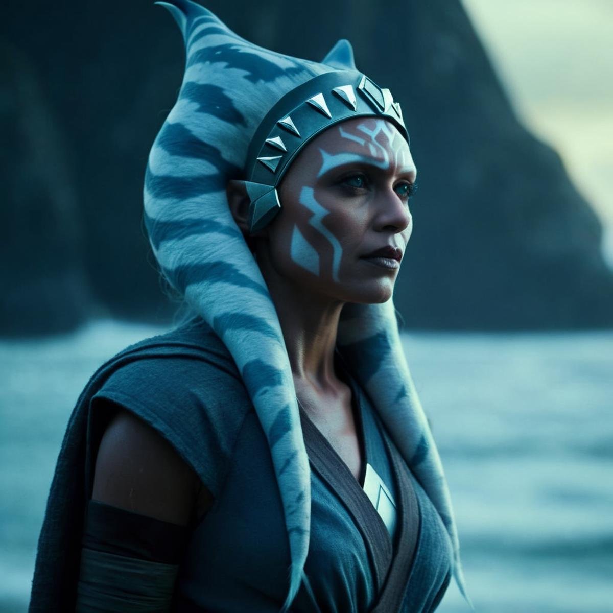 cinematic film still of  <lora:Ahsoka Tano:1>Ahsoka Tano a woman with a costume on standing in front of the ocean in star wars universe, shallow depth of field, vignette, highly detailed, high budget, bokeh, cinemascope, moody, epic, gorgeous, film grain, grainy