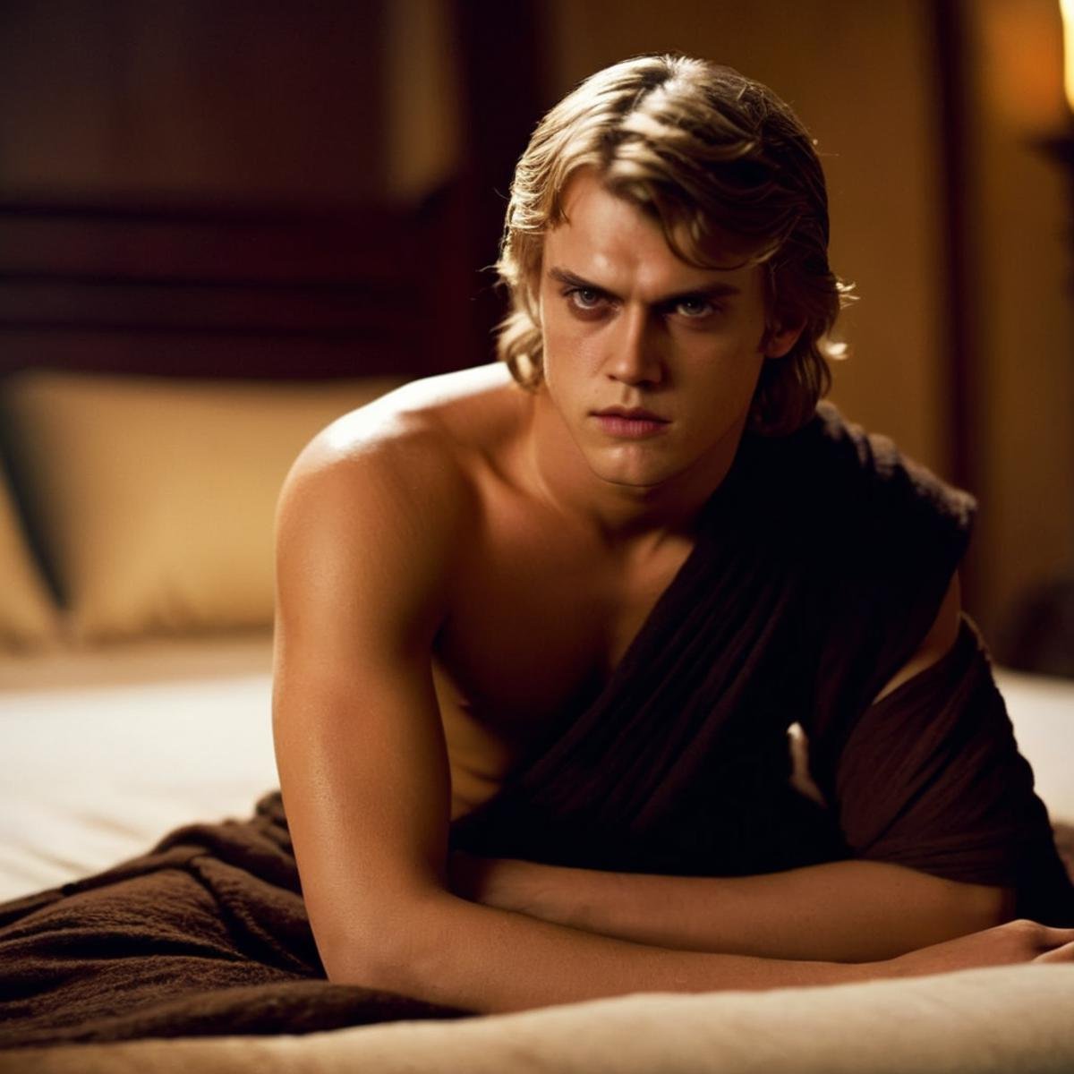 cinematic film still of  <lora:Anakin Skywalker:1.2>Anakin Skywalker a shirtless man sitting on a bed with a perfect body in star wars universe, shallow depth of field, vignette, highly detailed, high budget, bokeh, cinemascope, moody, epic, gorgeous, film grain, grainy