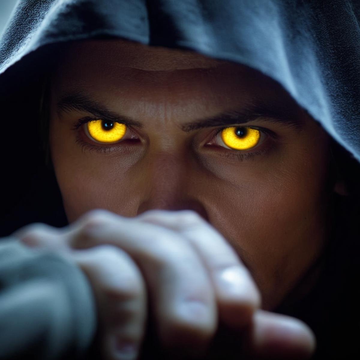 cinematic film still of  <lora:Anakin Skywalker:1.2>Anakin Skywalker a closeup of a man with a creepy yellow golden iris eye and a hood over his head in star wars universe, shallow depth of field, vignette, highly detailed, high budget, bokeh, cinemascope, moody, epic, gorgeous, film grain, grainy