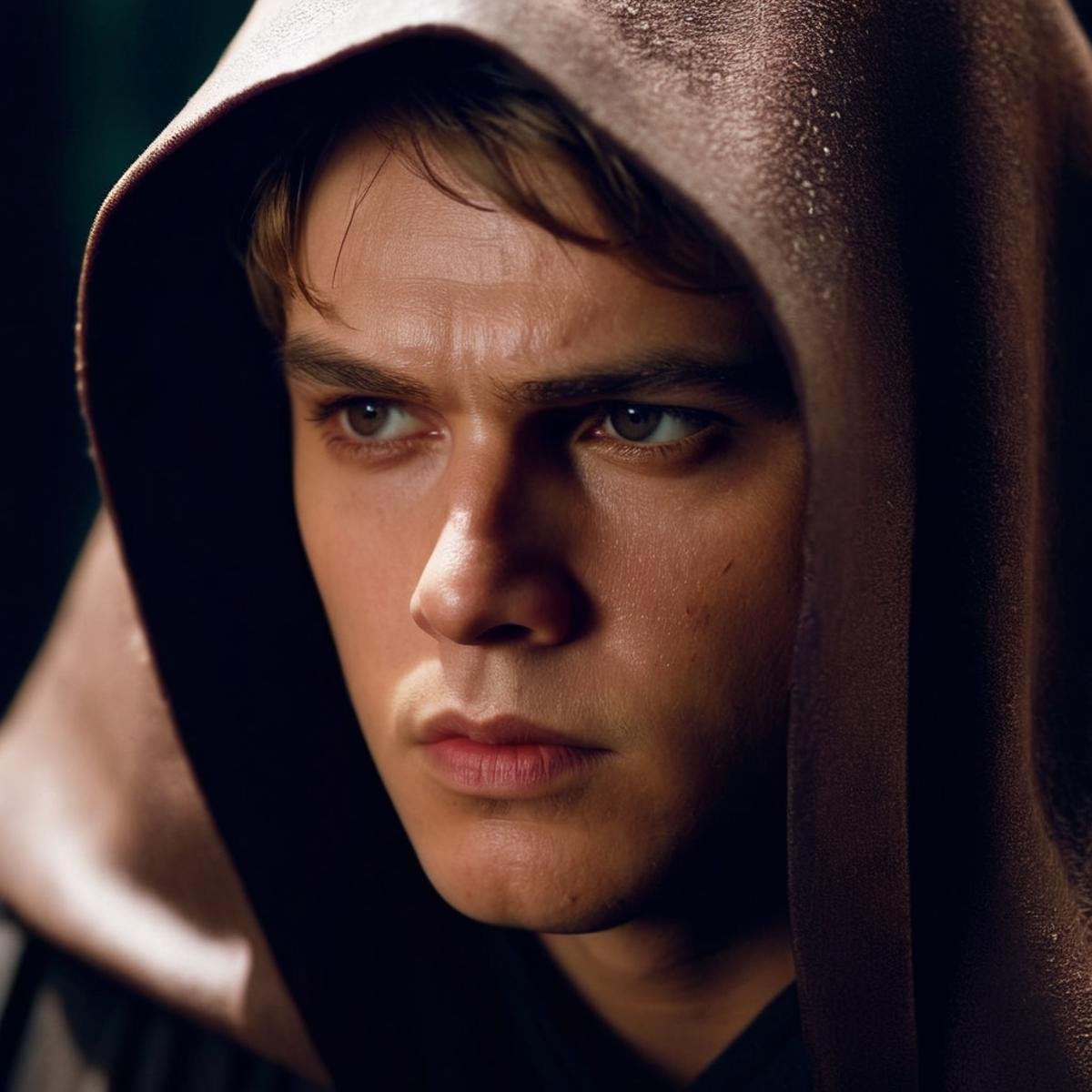 cinematic film still of  <lora:Anakin Skywalker:1.2>Anakin Skywalker a sad crying man with a hood on his head in star wars universe, shallow depth of field, vignette, highly detailed, high budget, bokeh, cinemascope, moody, epic, gorgeous, film grain, grainy