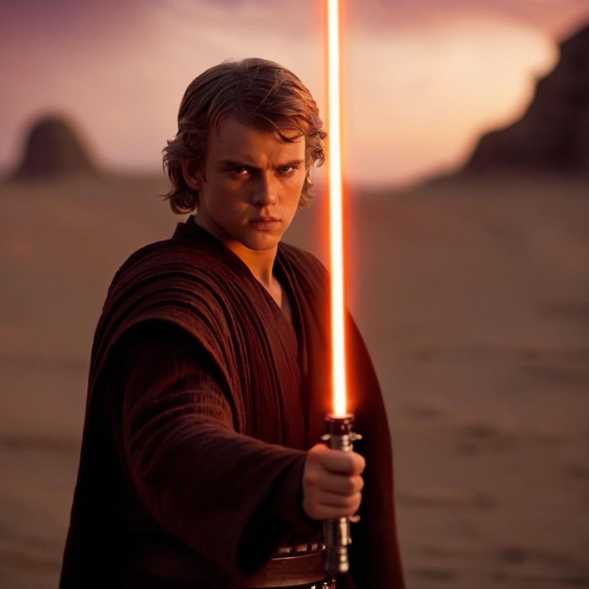 cinematic film still of  <lora:Anakin Skywalker:1.2>Anakin Skywalker a young man holding a light saber in his hand with fire in the background in star wars universe, shallow depth of field, vignette, highly detailed, high budget, bokeh, cinemascope, moody, epic, gorgeous, film grain, grainy