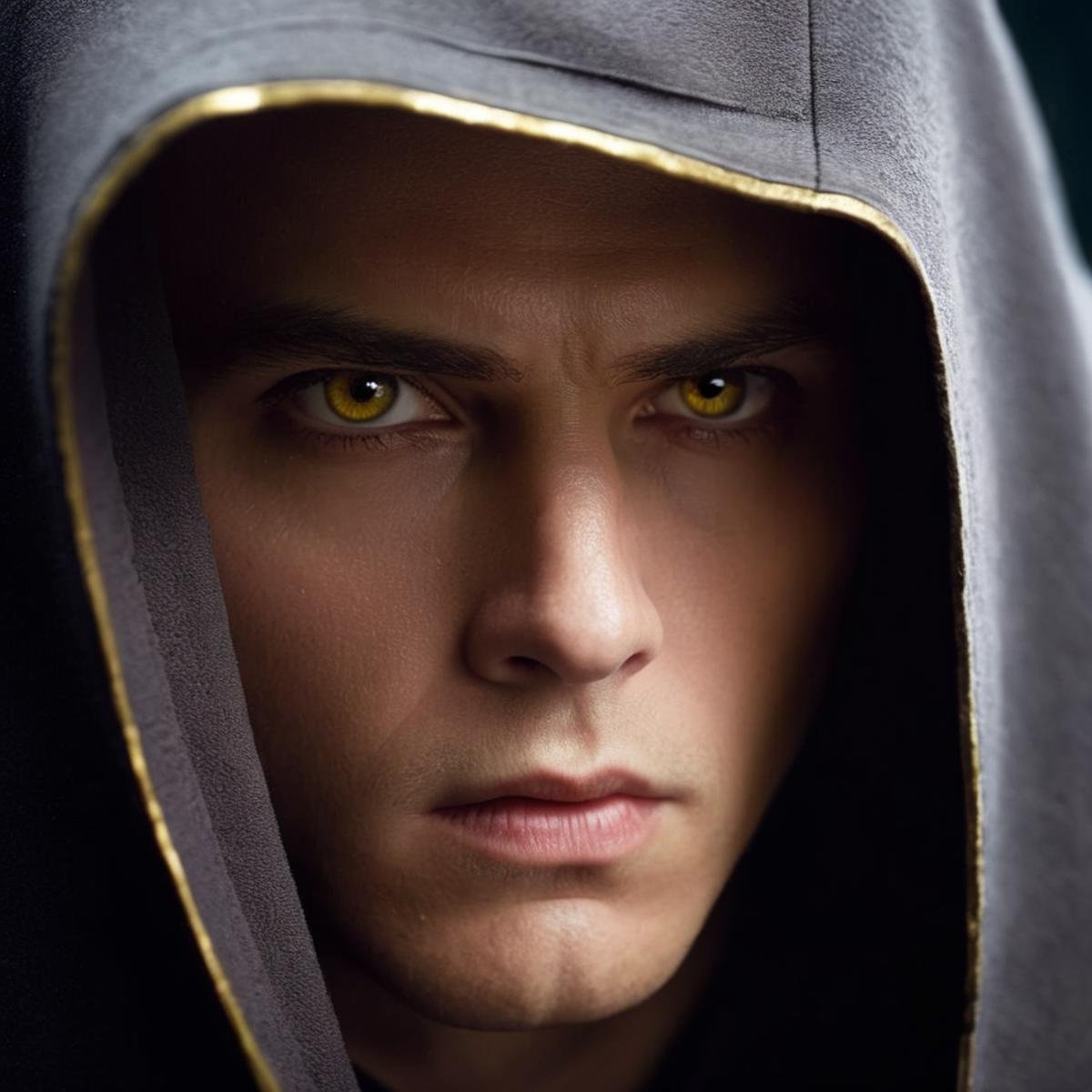 cinematic film still of  <lora:Anakin Skywalker:1.2>Anakin Skywalker a closeup of a man with a creepy yellow golden iris eye and a hood over his head in star wars universe, shallow depth of field, vignette, highly detailed, high budget, bokeh, cinemascope, moody, epic, gorgeous, film grain, grainy