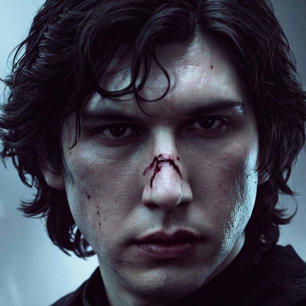 Dark Fantasy Art of Ben Solo a man with a bloody face scar mark in star wars universe <lora:Ben Solo:1>, dark, moody, dark fantasy style