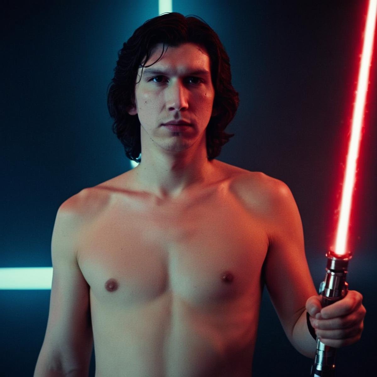 cinematic film still of  <lora:Ben Solo:1>Ben Solo a man with a shirtless body and a red light saber in star wars universe, shallow depth of field, vignette, highly detailed, high budget, bokeh, cinemascope, moody, epic, gorgeous, film grain, grainy