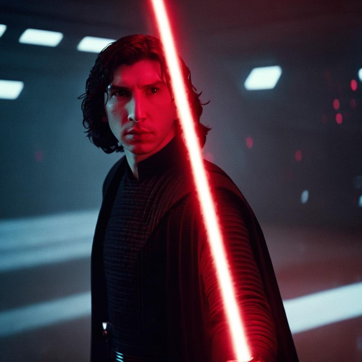 cinematic film still of  <lora:Ben Solo:1>Ben Solo a man with a red light saber in his hand in star wars universe, shallow depth of field, vignette, highly detailed, high budget, bokeh, cinemascope, moody, epic, gorgeous, film grain, grainy