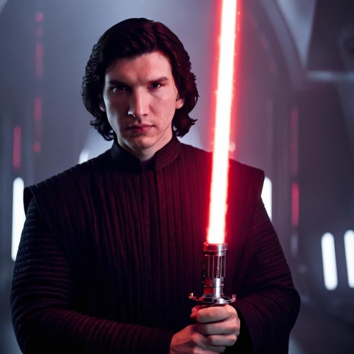 cinematic film still of  <lora:Ben Solo:1>Ben Solo a man in a star wars outfit holding a red light saber in star wars universe, shallow depth of field, vignette, highly detailed, high budget, bokeh, cinemascope, moody, epic, gorgeous, film grain, grainy