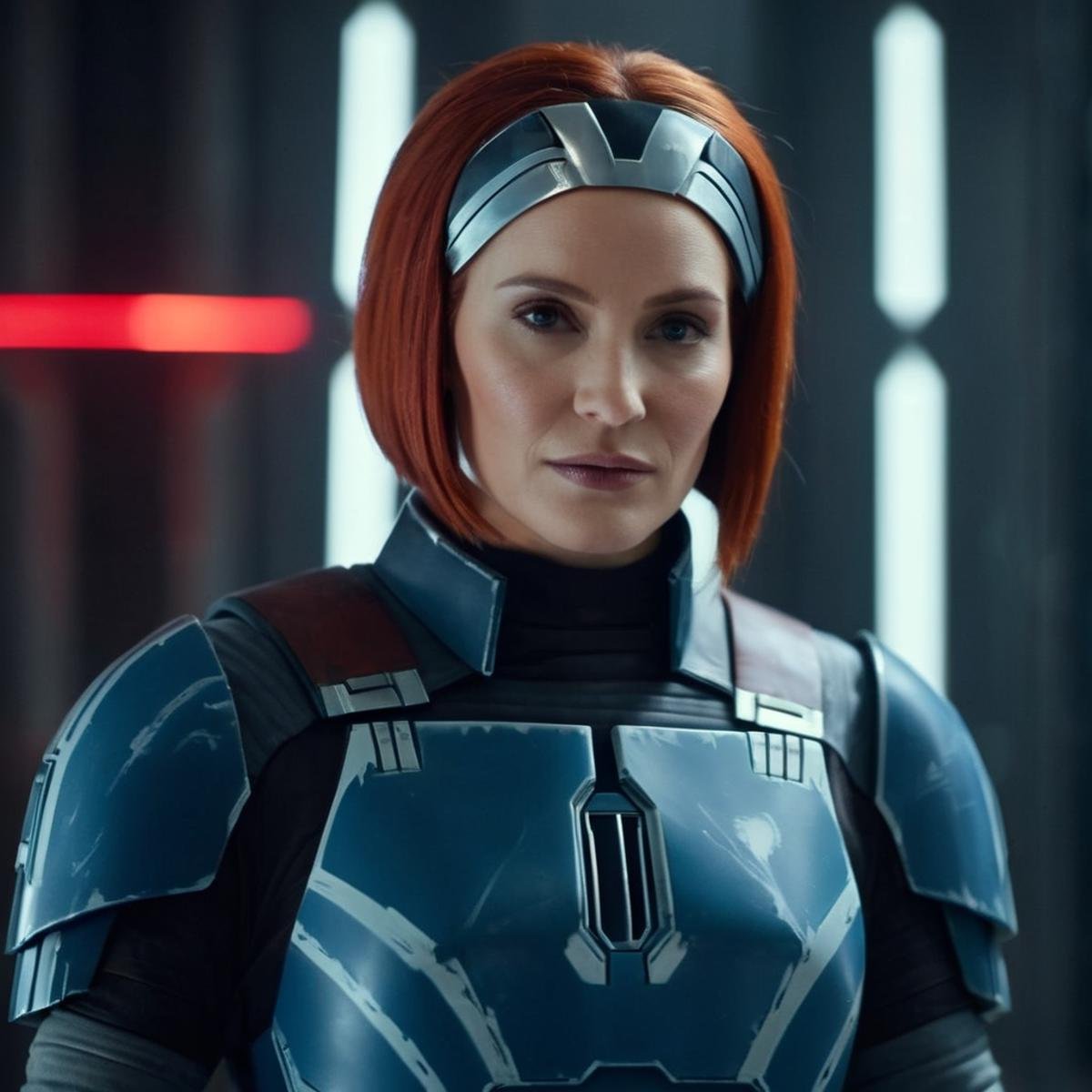 cinematic film still of  <lora:Bo-Katan Kryze:1.2>Bo-Katan Kryze a red hair woman in a futuristic blue suit in star wars universe, shallow depth of field, vignette, highly detailed, high budget, bokeh, cinemascope, moody, epic, gorgeous, film grain, grainy