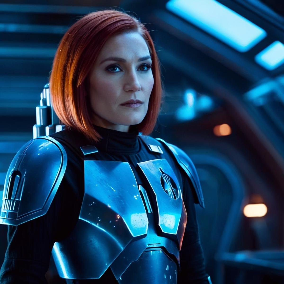 cinematic film still of  <lora:Bo-Katan Kryze:1.2>Bo-Katan Kryze a red hair woman in a blue black armor suit standing in front of a spaceship in star wars universe, shallow depth of field, vignette, highly detailed, high budget, bokeh, cinemascope, moody, epic, gorgeous, film grain, grainy