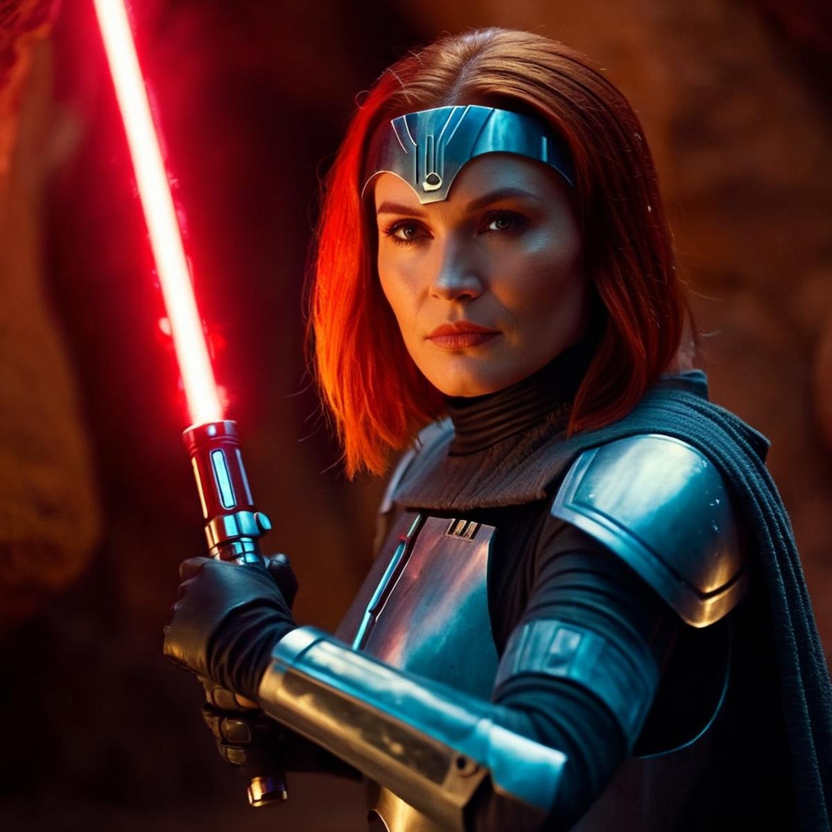 cinematic film still of  <lora:Bo-Katan Kryze:1>Bo-Katan Kryze a naked breasts red hair woman with a light saber in a cave in star wars universe, shallow depth of field, vignette, highly detailed, high budget, bokeh, cinemascope, moody, epic, gorgeous, film grain, grainy