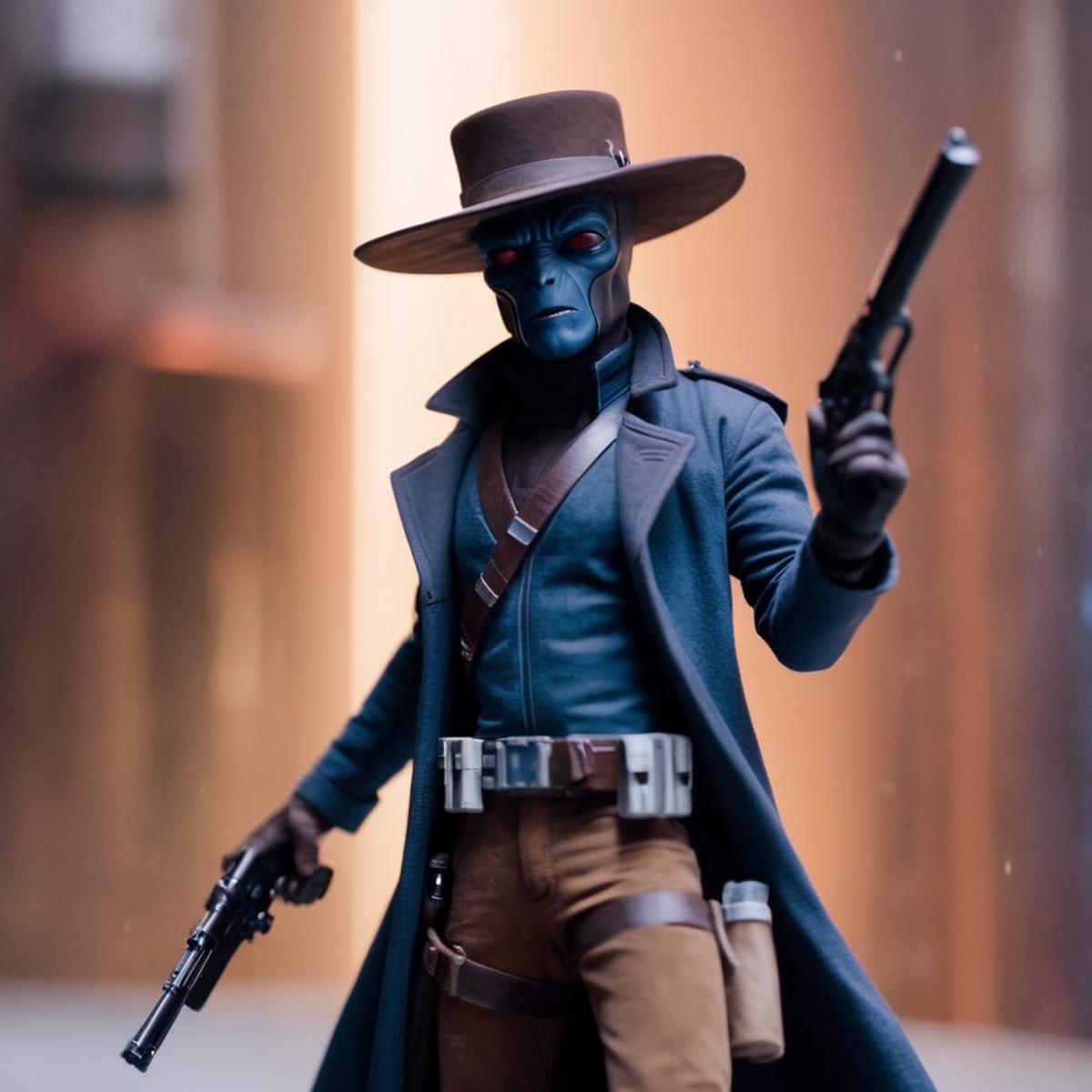 cinematic film still of  <lora:Cad Bane:1.2>Cad Bane a blue skin big red eyes western man in a hat and trench coat holding a gun In star wars universe, shallow depth of field, vignette, highly detailed, high budget, bokeh, cinemascope, moody, epic, gorgeous, film grain, grainy