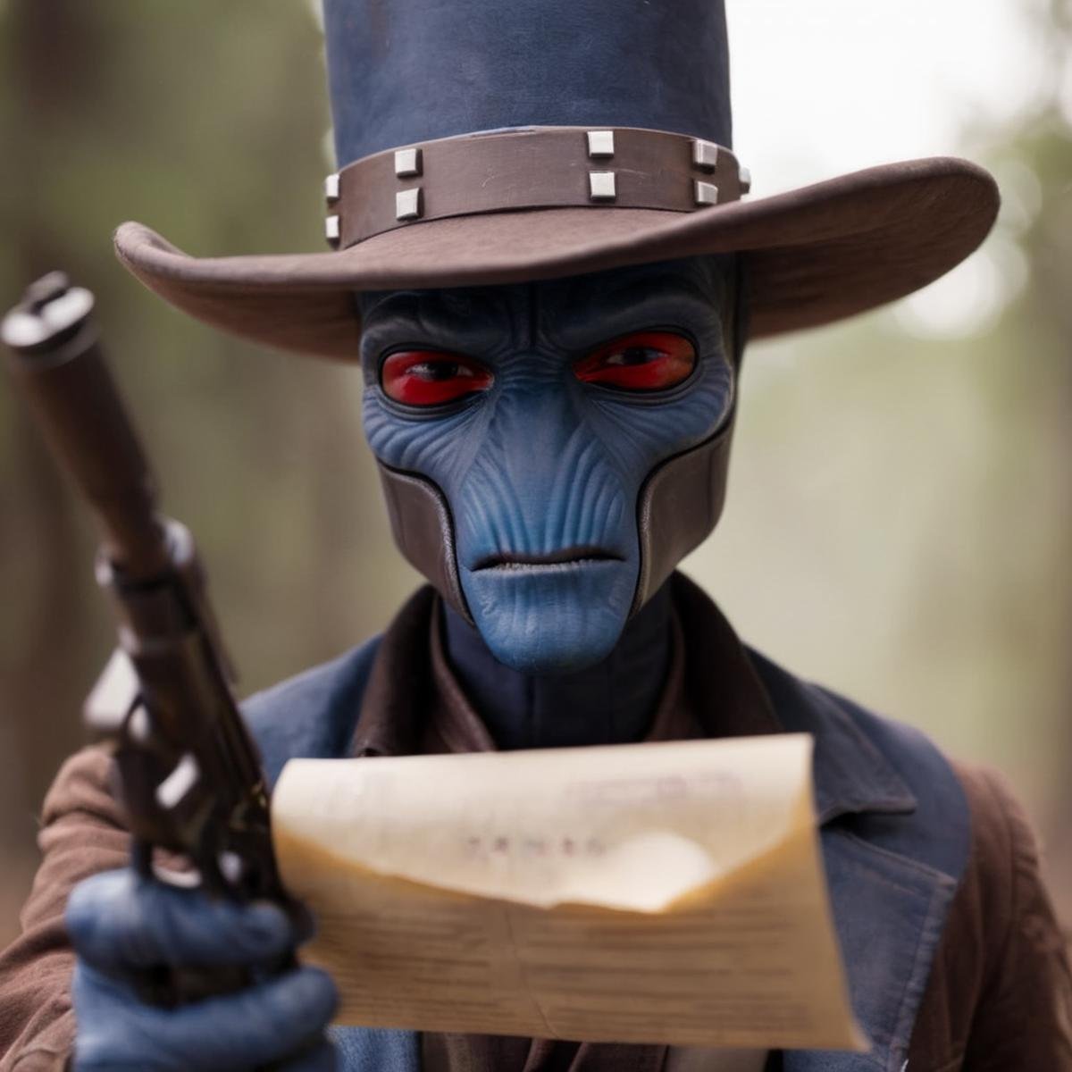 cinematic film still of  <lora:Cad Bane:1.2>Cad Bane a blue skin big red eyes western man in a hat holding a gun and a bounty paper sign In star wars universe, shallow depth of field, vignette, highly detailed, high budget, bokeh, cinemascope, moody, epic, gorgeous, film grain, grainy