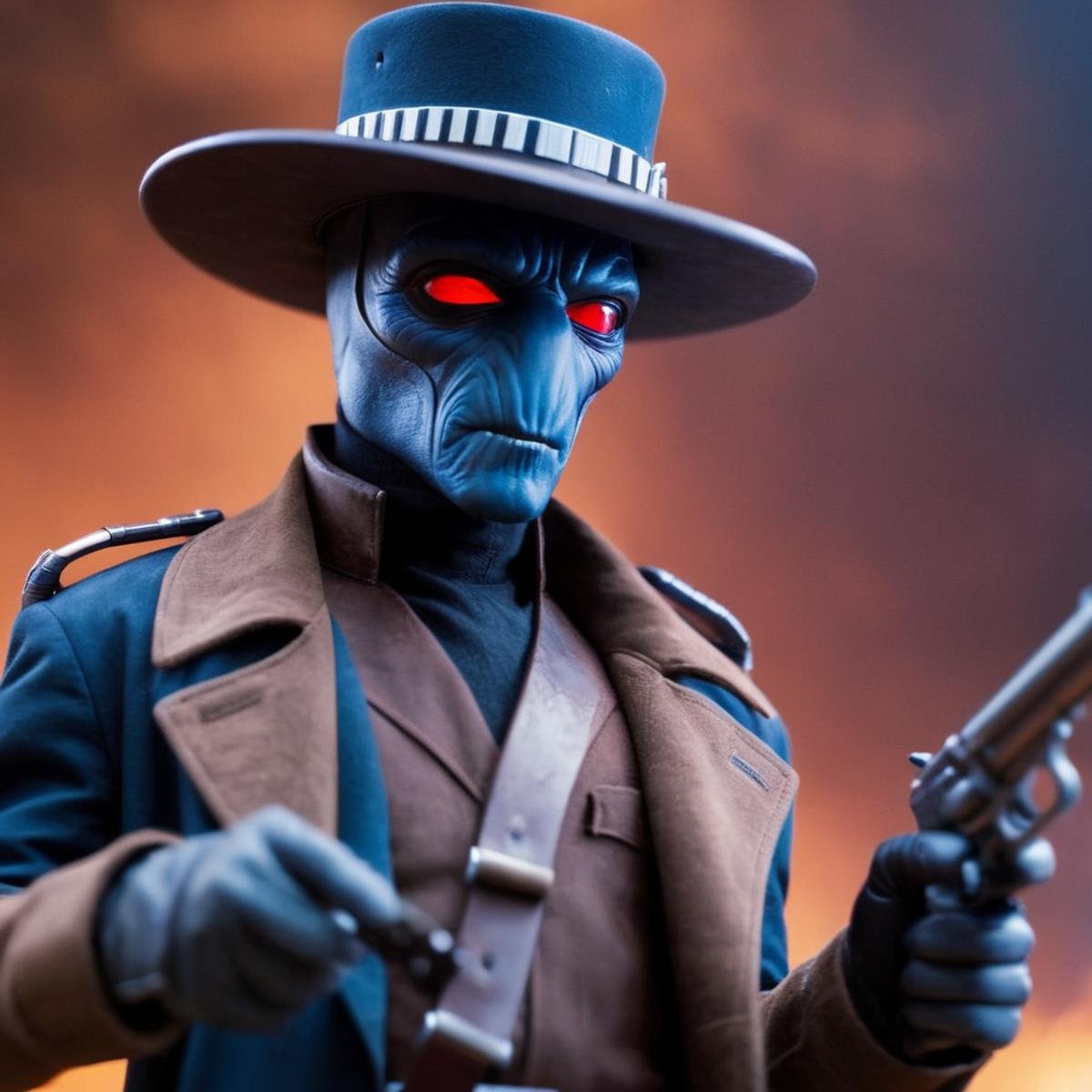 cinematic film still of  <lora:Cad Bane:1.2>Cad Bane a blue skin big red eyes western man in a hat and trench coat with a gun belt with bullets In star wars universe, shallow depth of field, vignette, highly detailed, high budget, bokeh, cinemascope, moody, epic, gorgeous, film grain, grainy