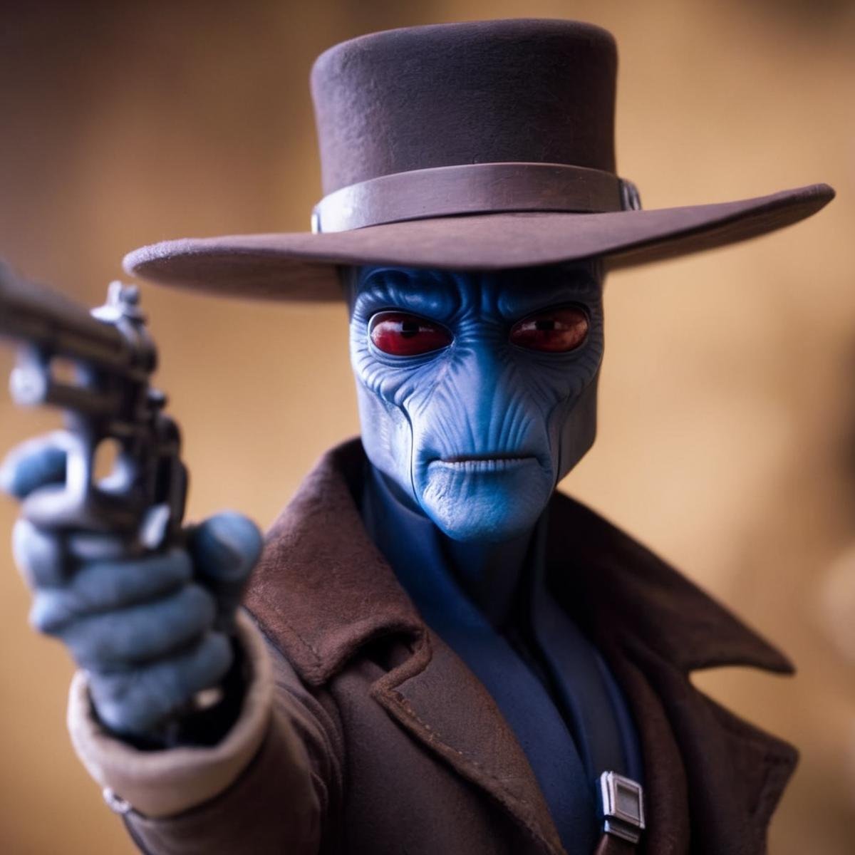 cinematic film still of  <lora:Cad Bane:1.2>Cad Bane a blue skin big red eyes western man in a hat holding a gun and a bounty paper sign In star wars universe, shallow depth of field, vignette, highly detailed, high budget, bokeh, cinemascope, moody, epic, gorgeous, film grain, grainy