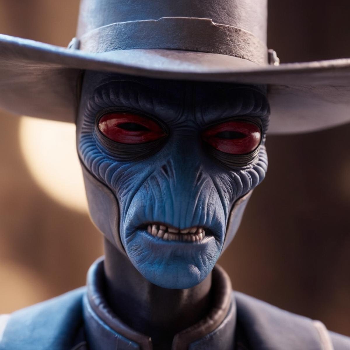 cinematic film still of  <lora:Cad Bane:1.2>Cad Bane a close up of a blue skin big red eyes western person with a strange face In star wars universe, shallow depth of field, vignette, highly detailed, high budget, bokeh, cinemascope, moody, epic, gorgeous, film grain, grainy