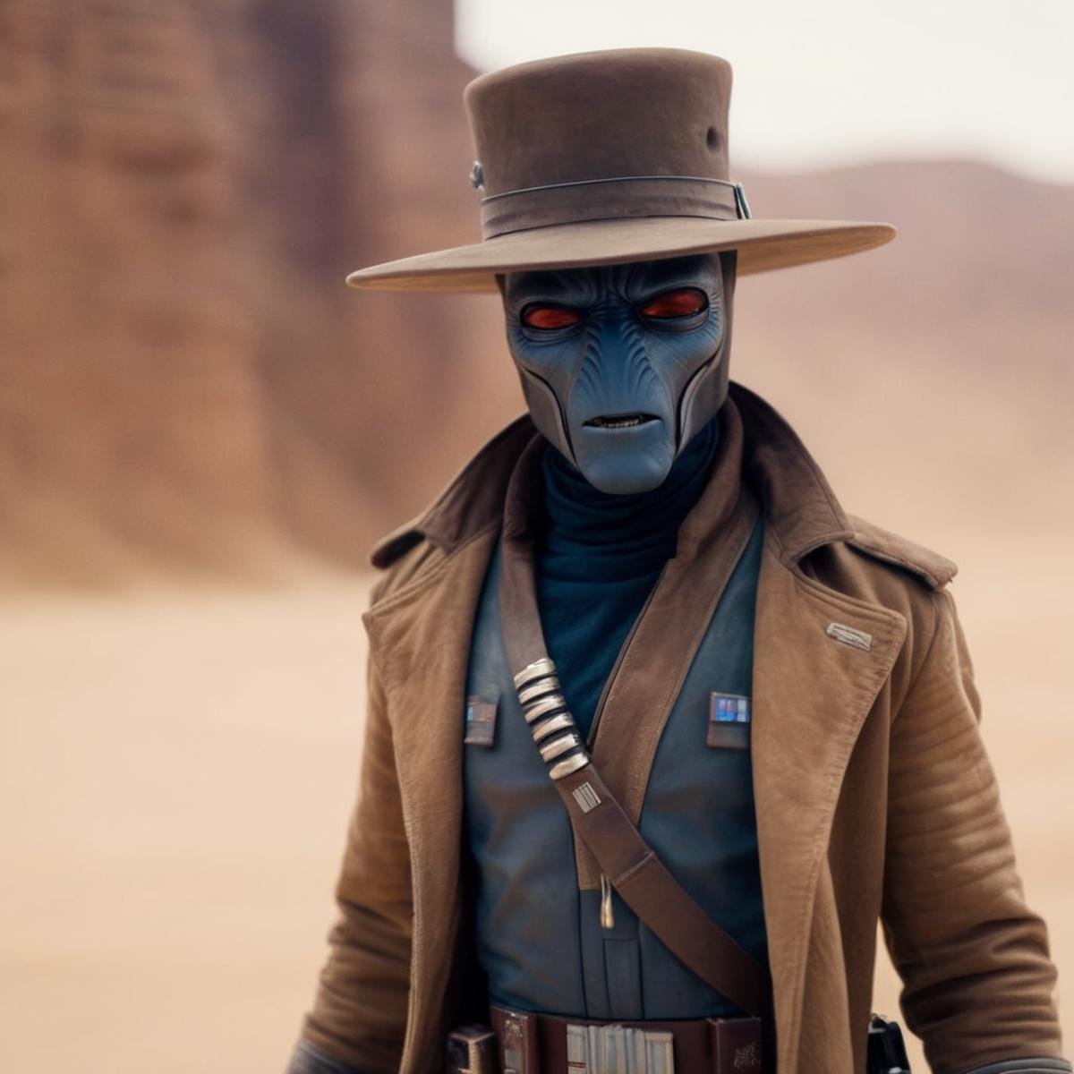 cinematic film still of  <lora:Cad Bane:1.2>Cad Bane a blue skin big red eyes western man in a hat and a jacket in a desert sand storm In star wars universe, shallow depth of field, vignette, highly detailed, high budget, bokeh, cinemascope, moody, epic, gorgeous, film grain, grainy