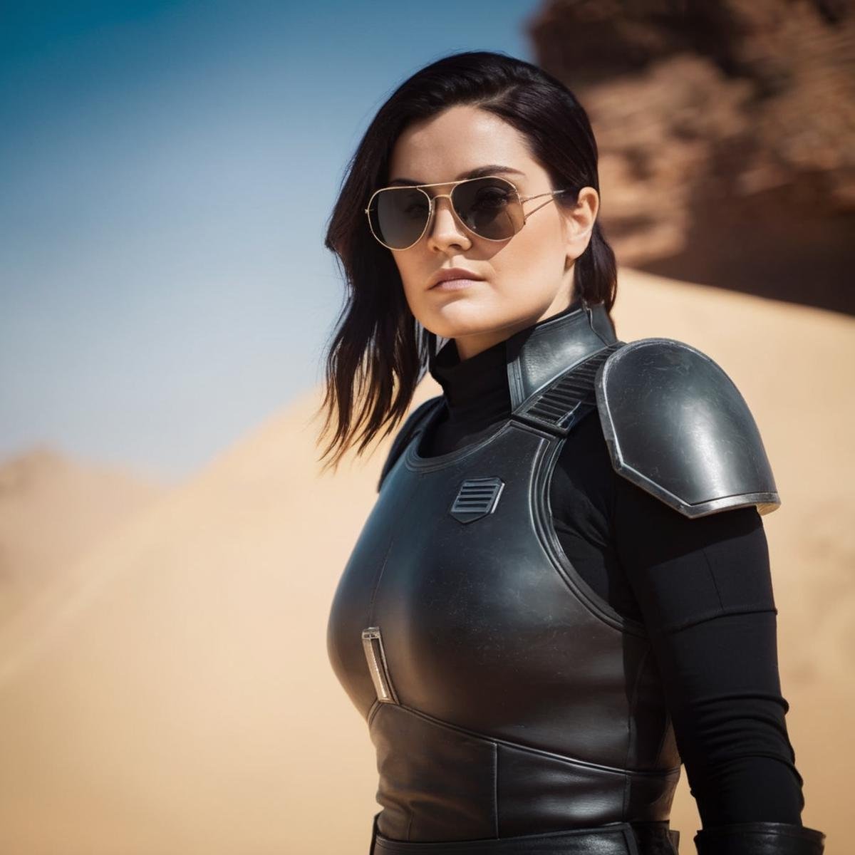 cinematic film still of  <lora:Cara Dune:1.2>Cara Dune a woman in a black outfit and sunglasses in star wars universe, shallow depth of field, vignette, highly detailed, high budget, bokeh, cinemascope, moody, epic, gorgeous, film grain, grainy