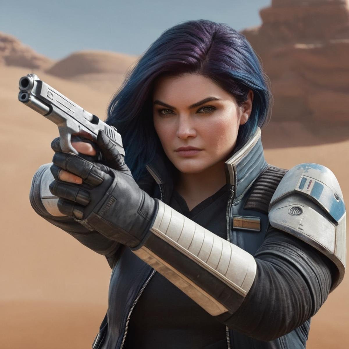 Hyperrealistic art of  <lora:Cara Dune:1.2>Cara Dune a woman holding a gun with perfect hands in a black jacket in star wars universe, Extremely high-resolution details, photographic, realism pushed to extreme, fine texture, incredibly lifelike