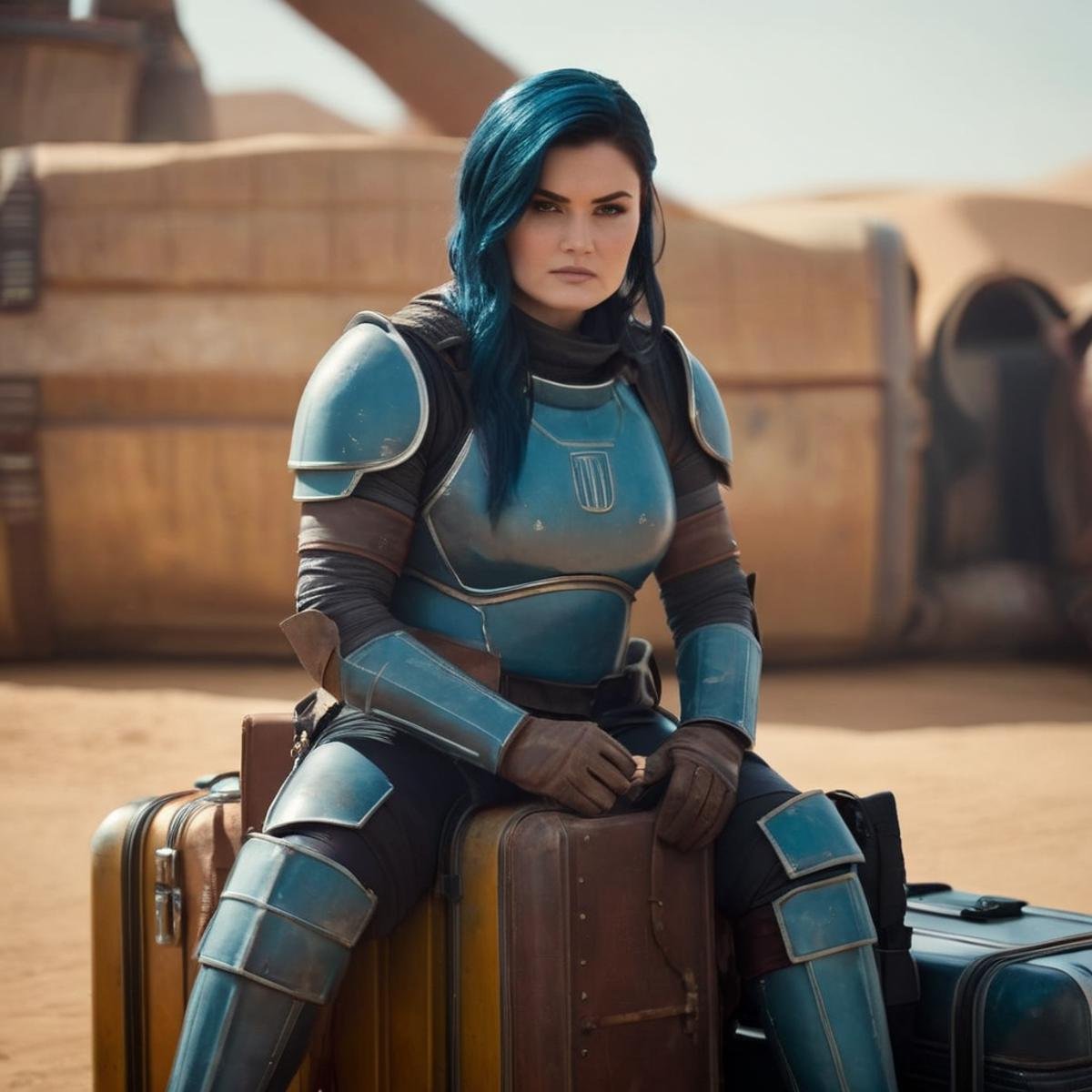 cinematic film still of  <lora:Cara Dune:1.2>Cara Dune a hot sexy beautiful woman in a perfect armor costume sitting on a pile of luggage in star wars universe, shallow depth of field, vignette, highly detailed, high budget, bokeh, cinemascope, moody, epic, gorgeous, film grain, grainy