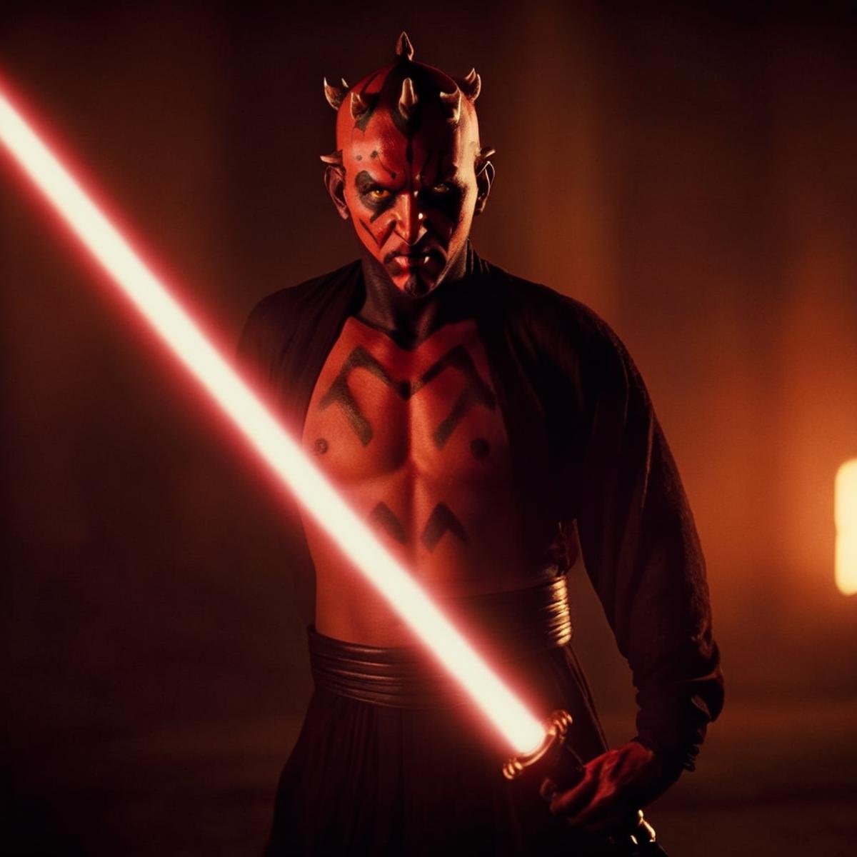 cinematic film still of  <lora:Darth Maul:1.2>Darth Maul a naked man with a double balded lightsaber sword in a dark room in star wars universe, shallow depth of field, vignette, highly detailed, high budget, bokeh, cinemascope, moody, epic, gorgeous, film grain, grainy