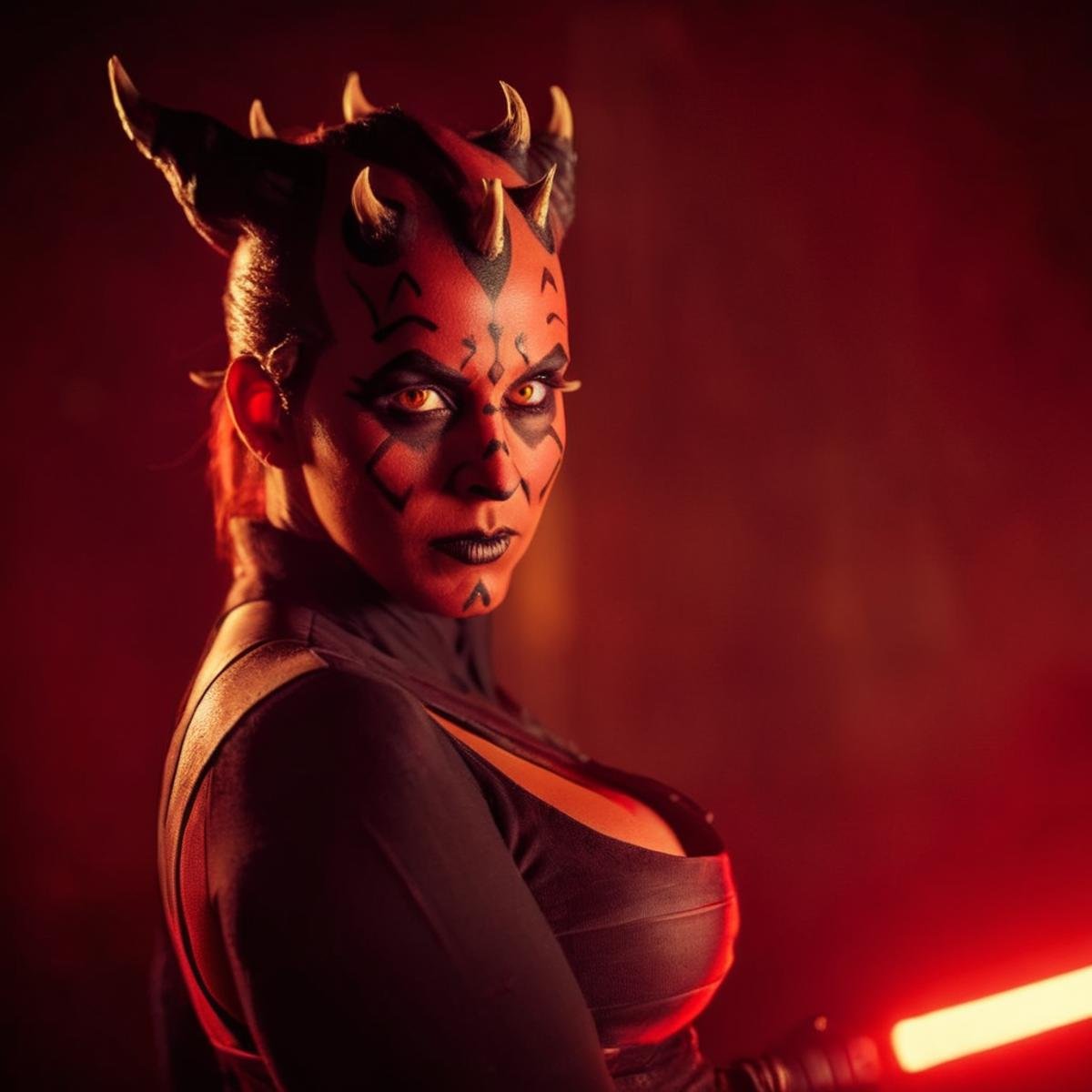 cinematic film still of  <lora:Darth Maul:1.2>Darth Maul a sexy woman with big breasts dressed in a costume with horns and a red light in star wars universe, shallow depth of field, vignette, highly detailed, high budget, bokeh, cinemascope, moody, epic, gorgeous, film grain, grainy