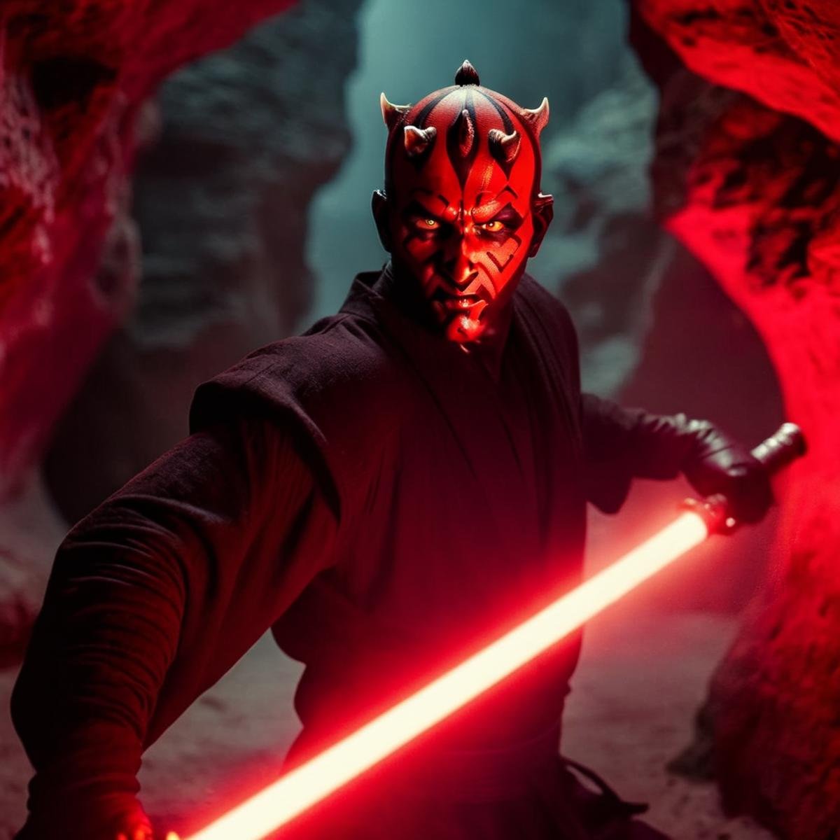 cinematic film still of  <lora:Darth Maul:1.2>Darth Maul with a red light saber in a cave in star wars universe, shallow depth of field, vignette, highly detailed, high budget, bokeh, cinemascope, moody, epic, gorgeous, film grain, grainy