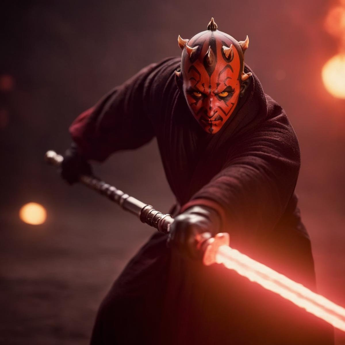 cinematic film still of  <lora:Darth Maul:1.2>Darth Maul darth maul in a black robe holding a sword in star wars universe, shallow depth of field, vignette, highly detailed, high budget, bokeh, cinemascope, moody, epic, gorgeous, film grain, grainy