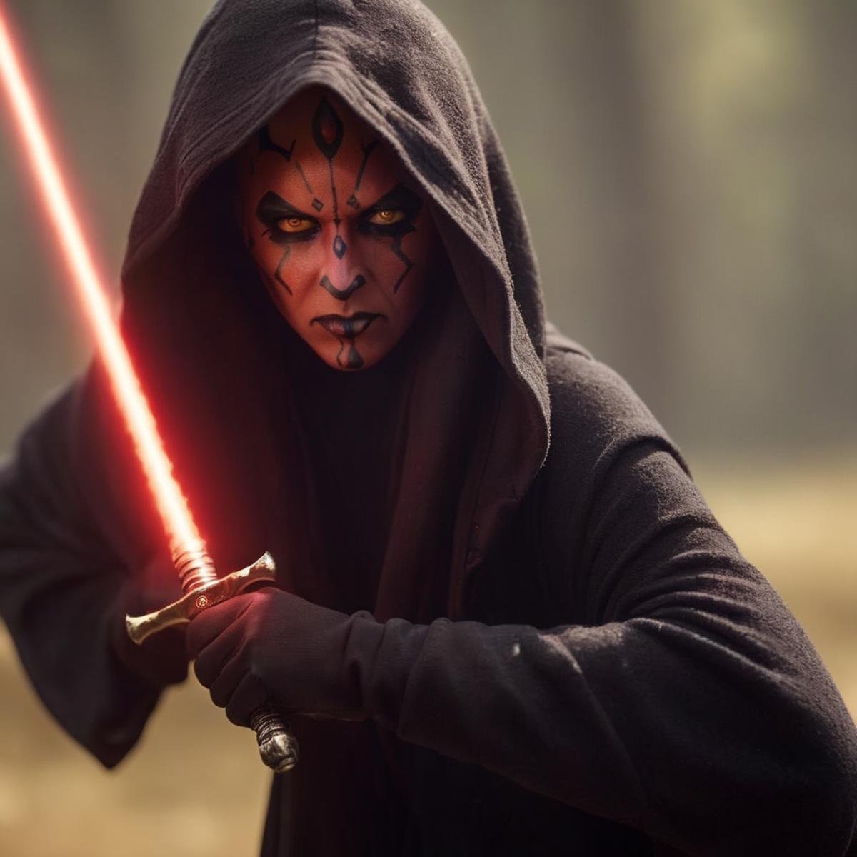 cinematic film still of  <lora:Darth Maul:1.2>Darth Maul a woman with a sword and a hoodie black costume on in star wars universe, shallow depth of field, vignette, highly detailed, high budget, bokeh, cinemascope, moody, epic, gorgeous, film grain, grainy