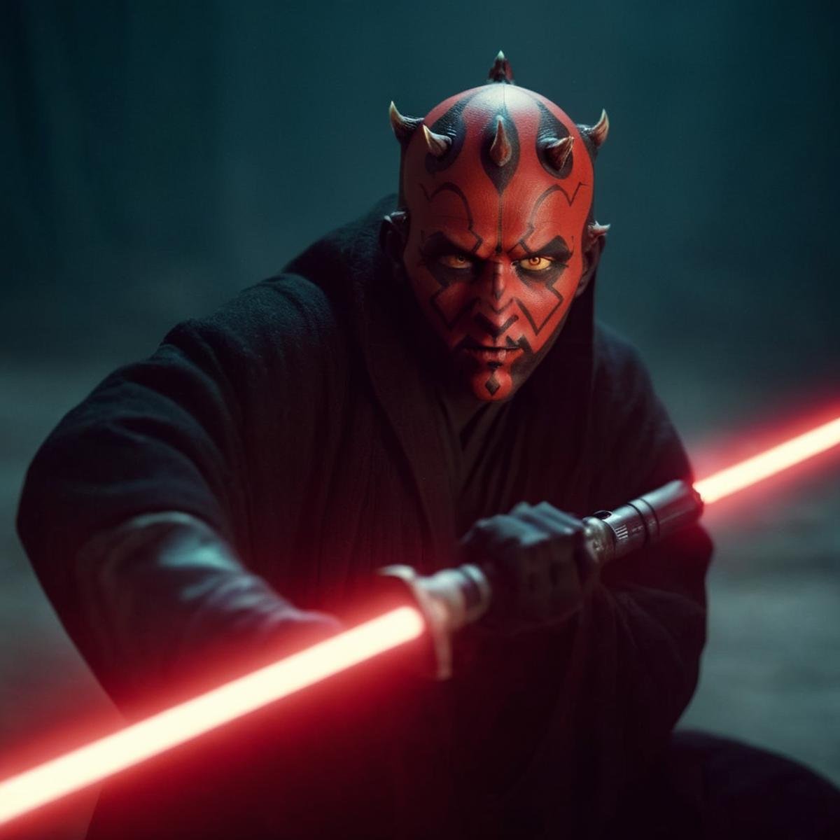 cinematic film still of  <lora:Darth Maul:1.2>Darth Maul a man with half body and a red face holding a light saber in star wars universe, shallow depth of field, vignette, highly detailed, high budget, bokeh, cinemascope, moody, epic, gorgeous, film grain, grainy