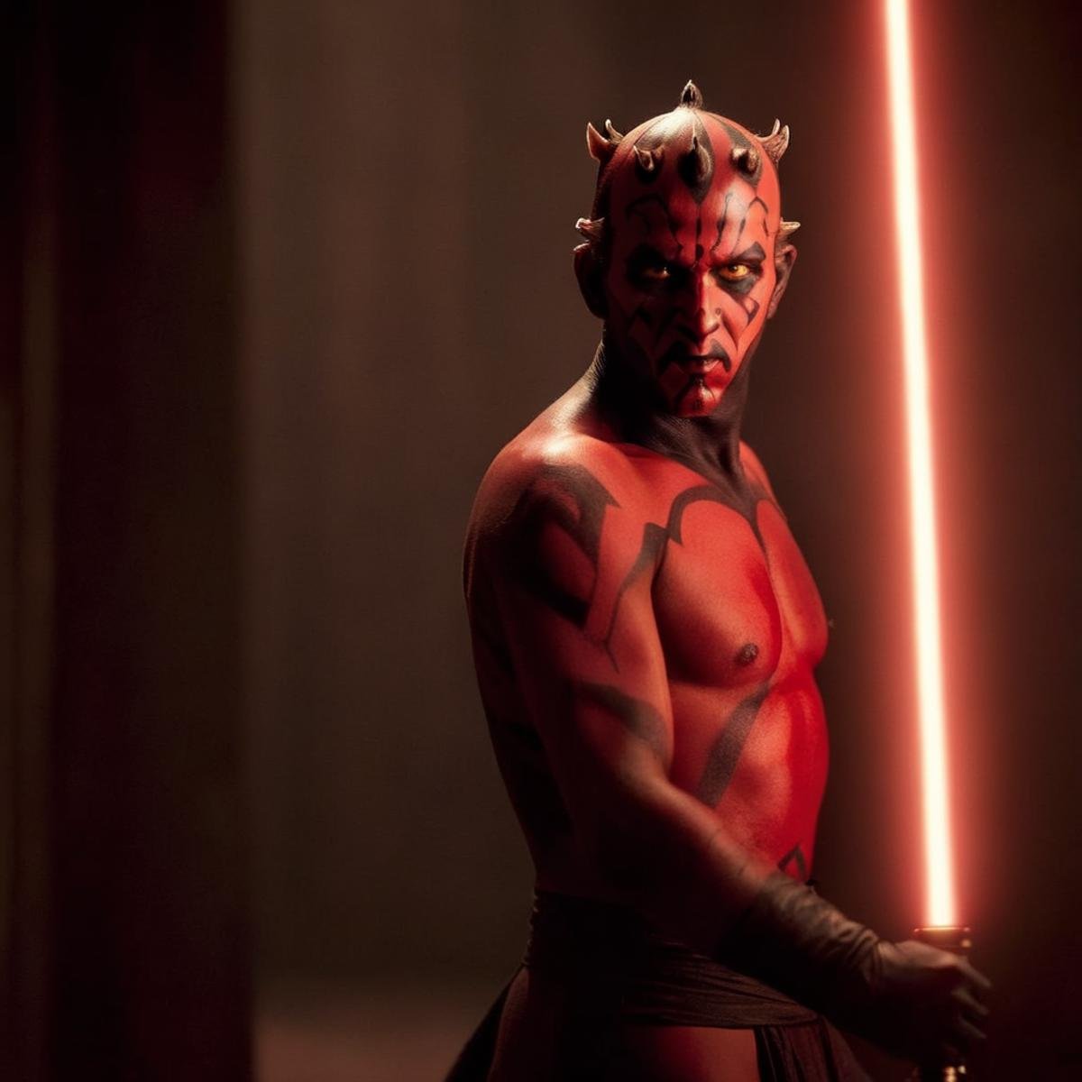 cinematic film still of  <lora:Darth Maul:1.2>Darth Maul a naked man with a double balded lightsaber sword in a dark room in star wars universe, shallow depth of field, vignette, highly detailed, high budget, bokeh, cinemascope, moody, epic, gorgeous, film grain, grainy