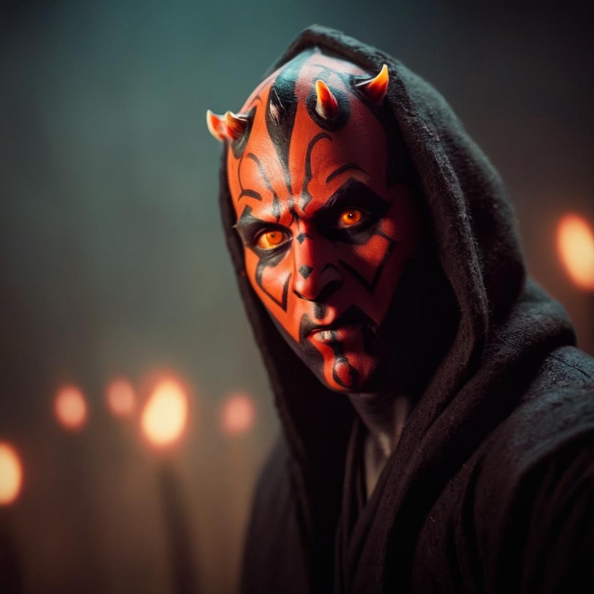 cinematic film still of  <lora:Darth Maul:1.2>Darth Maul a painting of a man with a hood on in star wars universe, shallow depth of field, vignette, highly detailed, high budget, bokeh, cinemascope, moody, epic, gorgeous, film grain, grainy