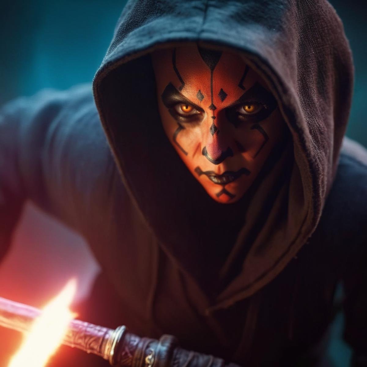 cinematic film still of  <lora:Darth Maul:1.2>Darth Maul a woman with a sword and a hoodie black costume on in star wars universe, shallow depth of field, vignette, highly detailed, high budget, bokeh, cinemascope, moody, epic, gorgeous, film grain, grainy