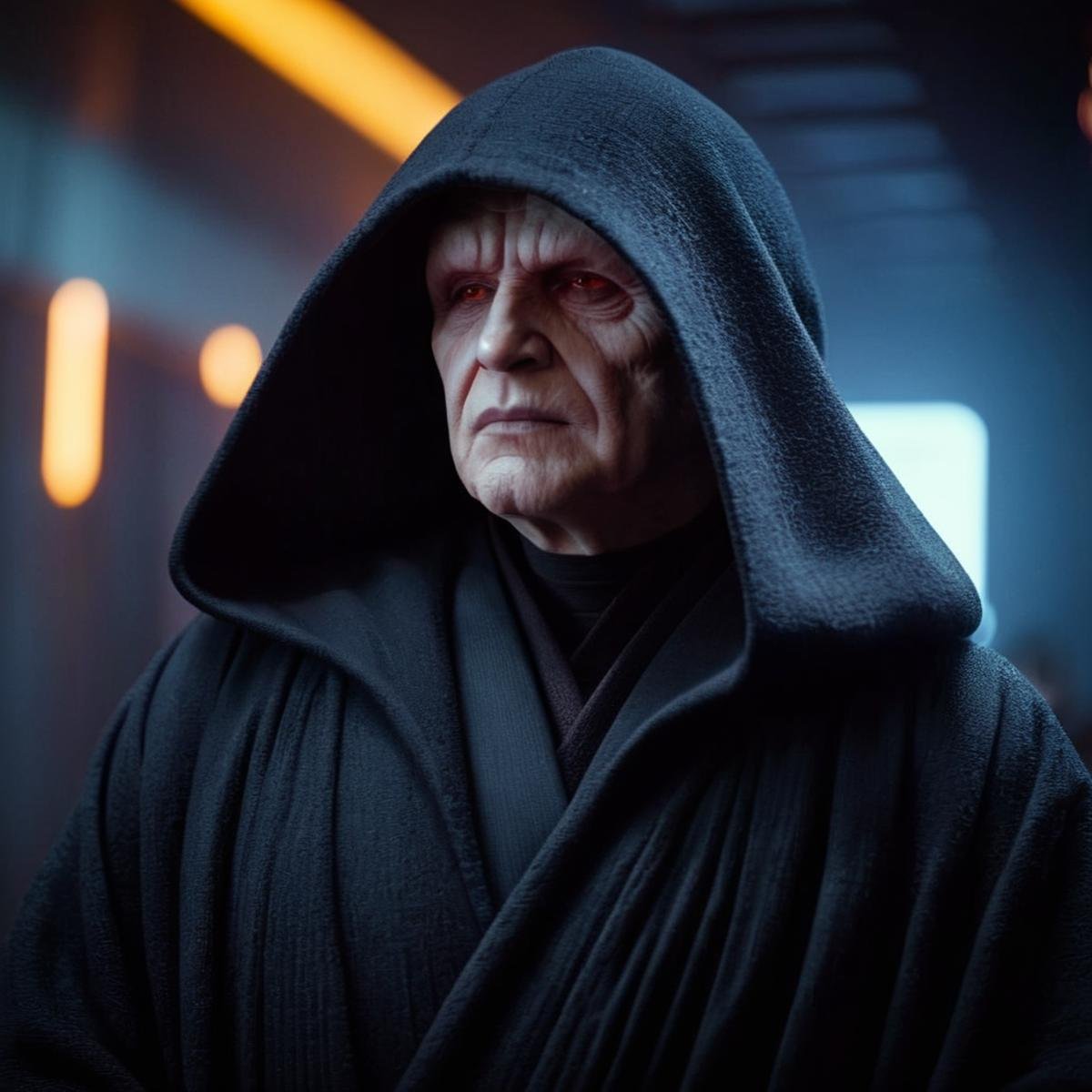 cinematic film still of  <lora:Darth Sidious:1>Darth Sidious a person in a black robe and hoodie in star wars universe, shallow depth of field, vignette, highly detailed, high budget, bokeh, cinemascope, moody, epic, gorgeous, film grain, grainy