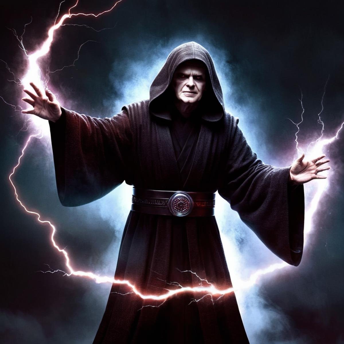 Dark Fantasy Art of  <lora:Darth Sidious:1>Darth Sidious a man in a robe shoot Force lightning from his hands in star wars universe, dark, moody, dark fantasy style