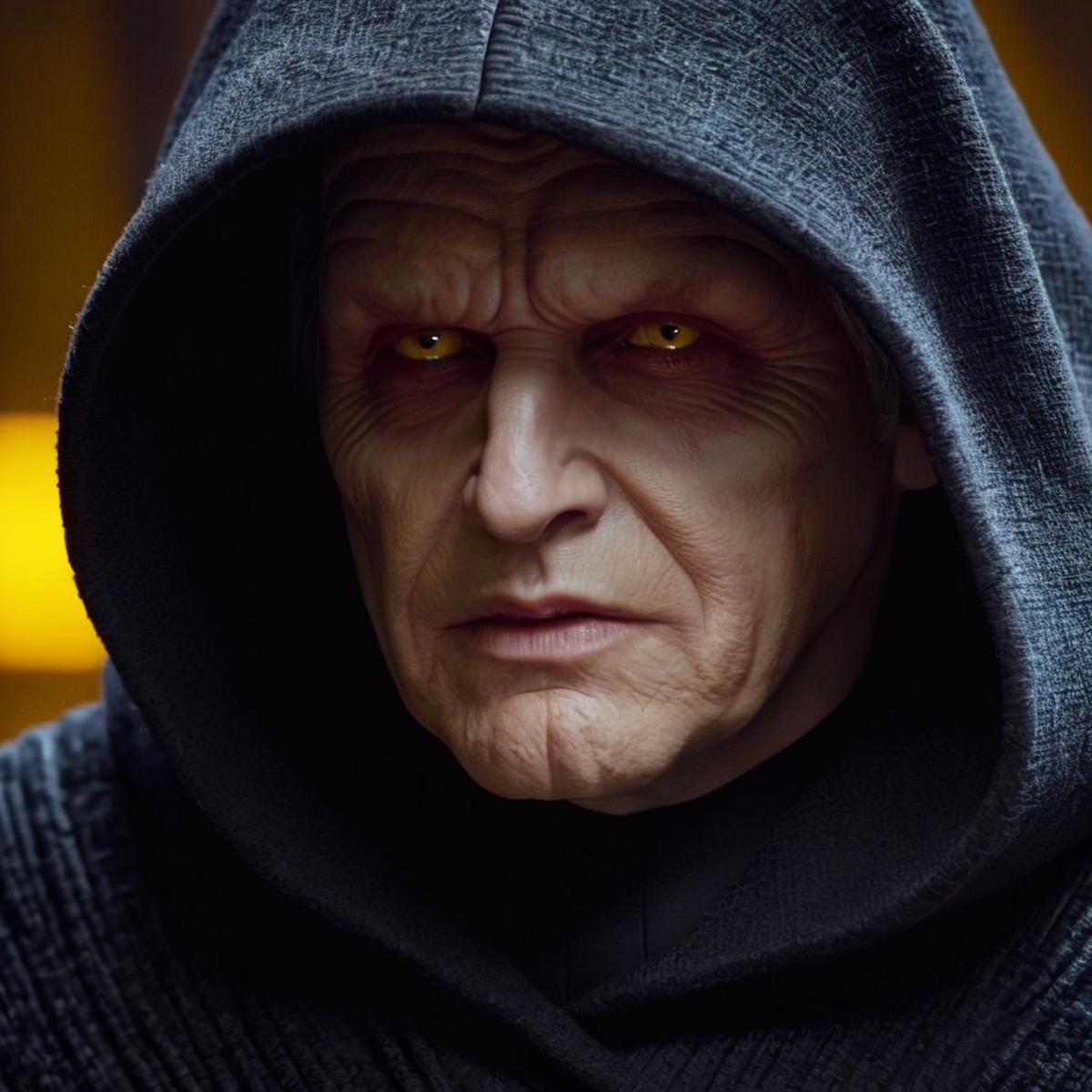 cinematic film still of  <lora:Darth Sidious:1>Darth Sidious a close up of a man in a hoodie with a hood on and yellow golden eyes in star wars universe, shallow depth of field, vignette, highly detailed, high budget, bokeh, cinemascope, moody, epic, gorgeous, film grain, grainy