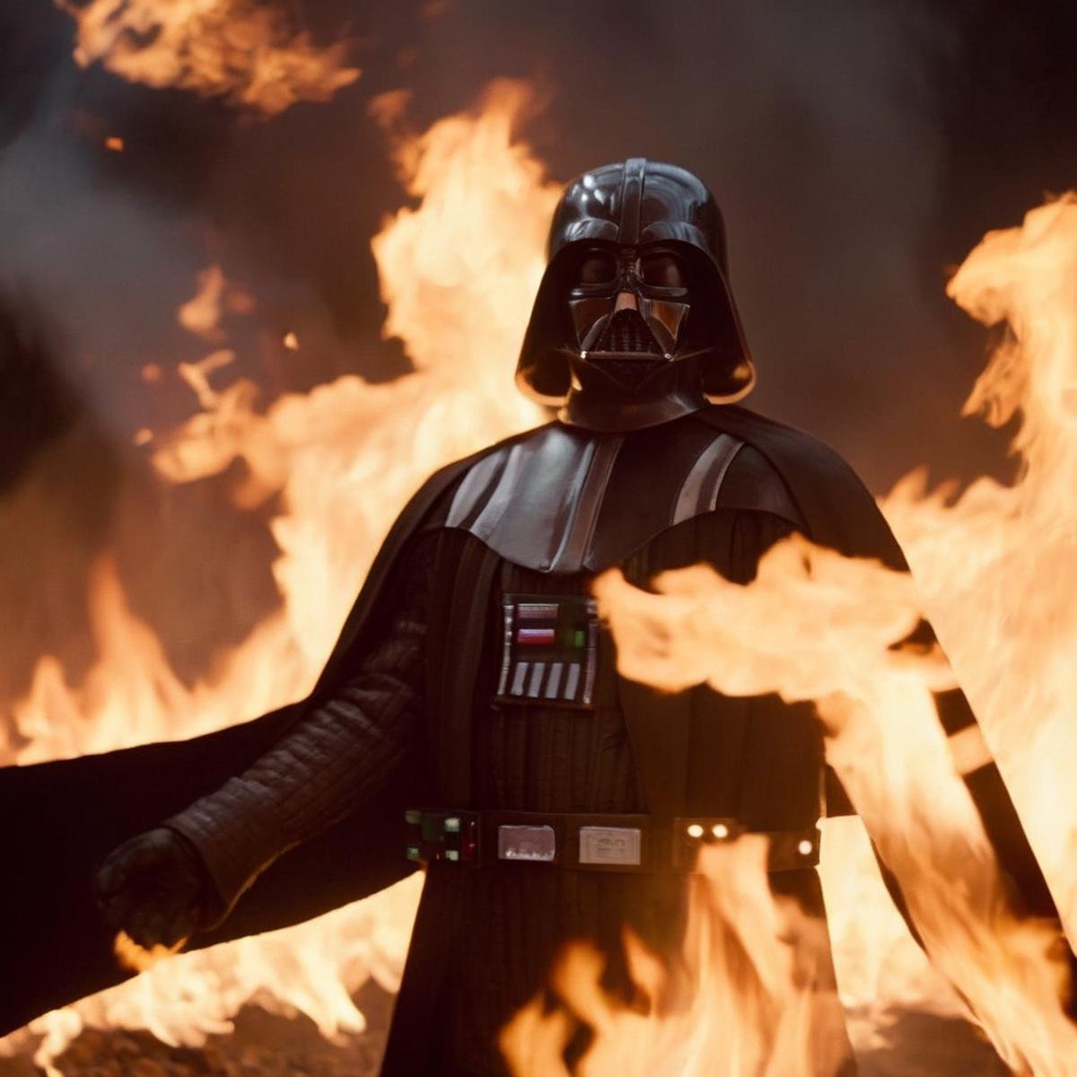 cinematic film still of  <lora:Darth Vader:1.5>Darth Vader a man is set on fire burned alive with fire everywhere in star wars universe, shallow depth of field, vignette, highly detailed, high budget, bokeh, cinemascope, moody, epic, gorgeous, film grain, grainy