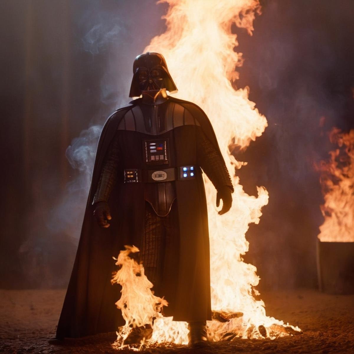 cinematic film still of  <lora:Darth Vader:1.5>Darth Vader a human cooked meat body is set on fire with ashes and fire breathing in star wars universe, shallow depth of field, vignette, highly detailed, high budget, bokeh, cinemascope, moody, epic, gorgeous, film grain, grainy