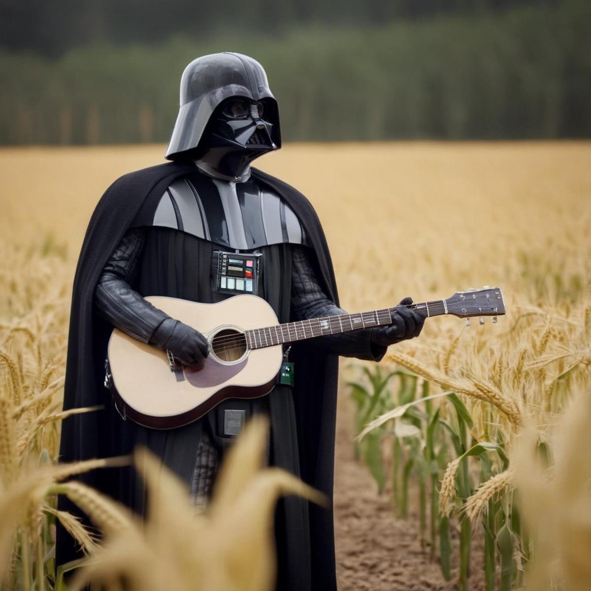 cinematic film still of  <lora:Darth Vader:1.5>Darth Vader a darth vader costumed in a cornfield with a guitar case in star wars universe, shallow depth of field, vignette, highly detailed, high budget, bokeh, cinemascope, moody, epic, gorgeous, film grain, grainy