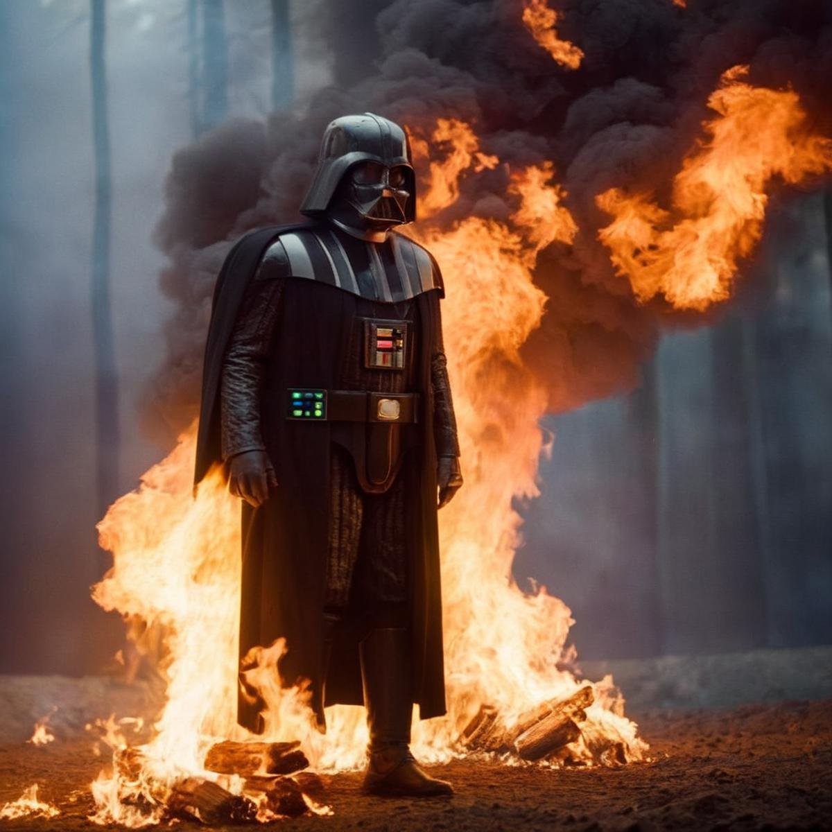 cinematic film still of  <lora:Darth Vader:1.5>Darth Vader a man is set on fire burned alive with fire everywhere in star wars universe, shallow depth of field, vignette, highly detailed, high budget, bokeh, cinemascope, moody, epic, gorgeous, film grain, grainy