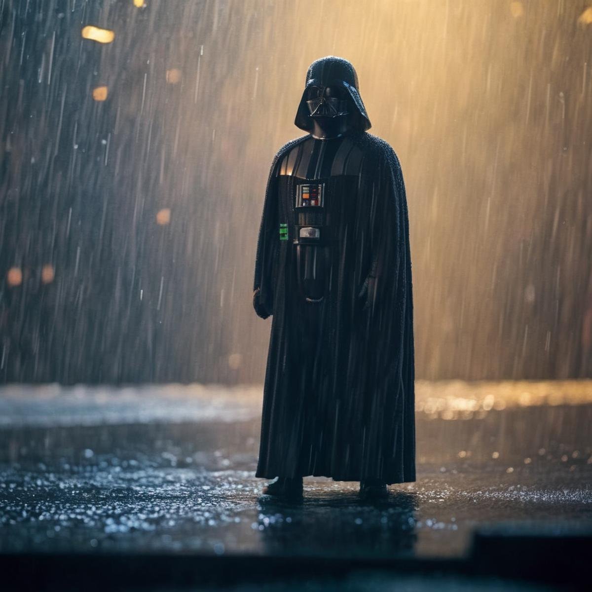 cinematic film still of  <lora:Darth Vader:1.5>Darth Vader a painting of a darth vader in the rain in star wars universe, shallow depth of field, vignette, highly detailed, high budget, bokeh, cinemascope, moody, epic, gorgeous, film grain, grainy