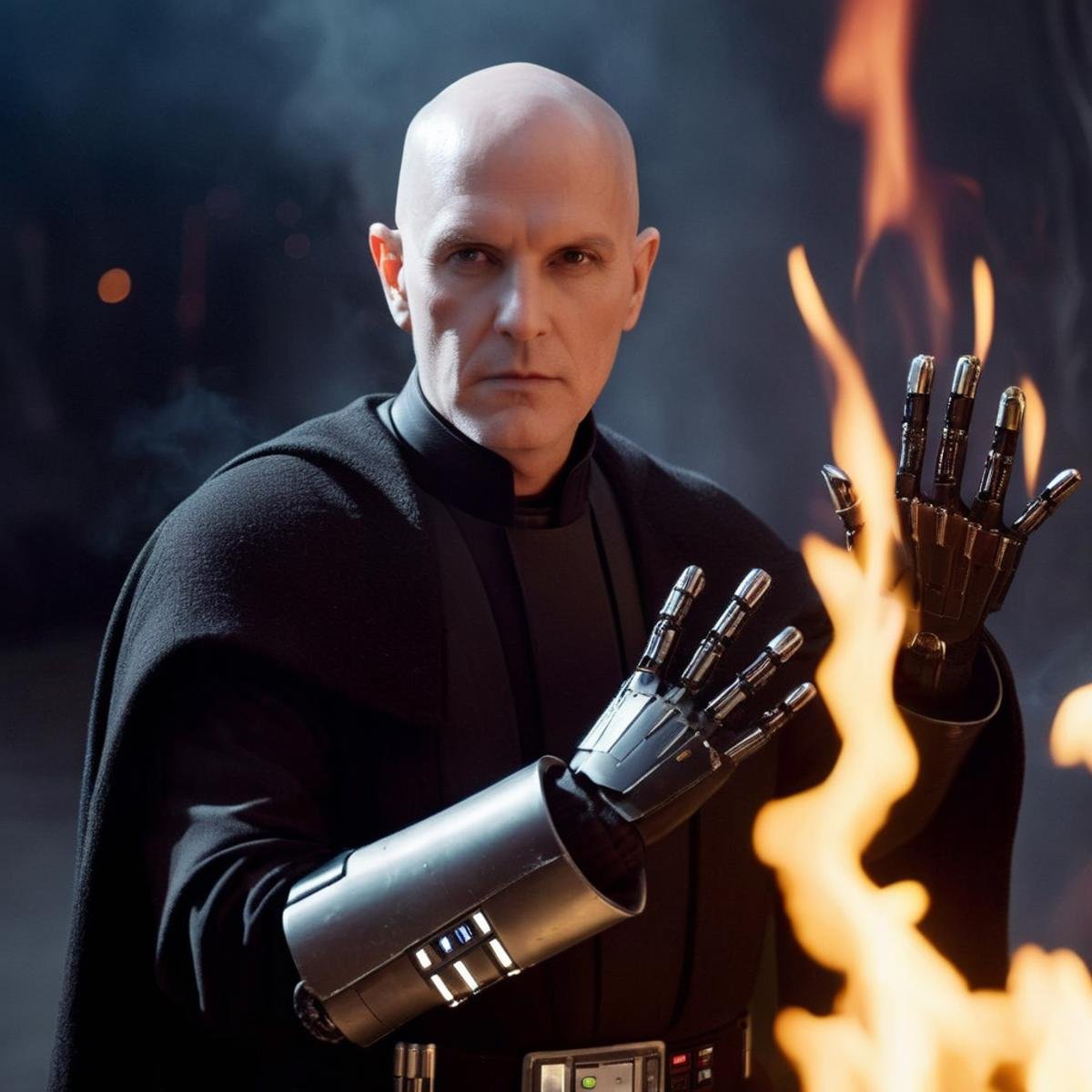 cinematic film still of  <lora:Darth Vader:1.5>r a bald white face man with shiny eyes and a robotic prosthetic perfect sci fi hands in a black costume with fire and smoke in the backgroun in star wars universe, shallow depth of field, vignette, highly detailed, high budget, bokeh, cinemascope, moody, epic, gorgeous, film grain, grainy