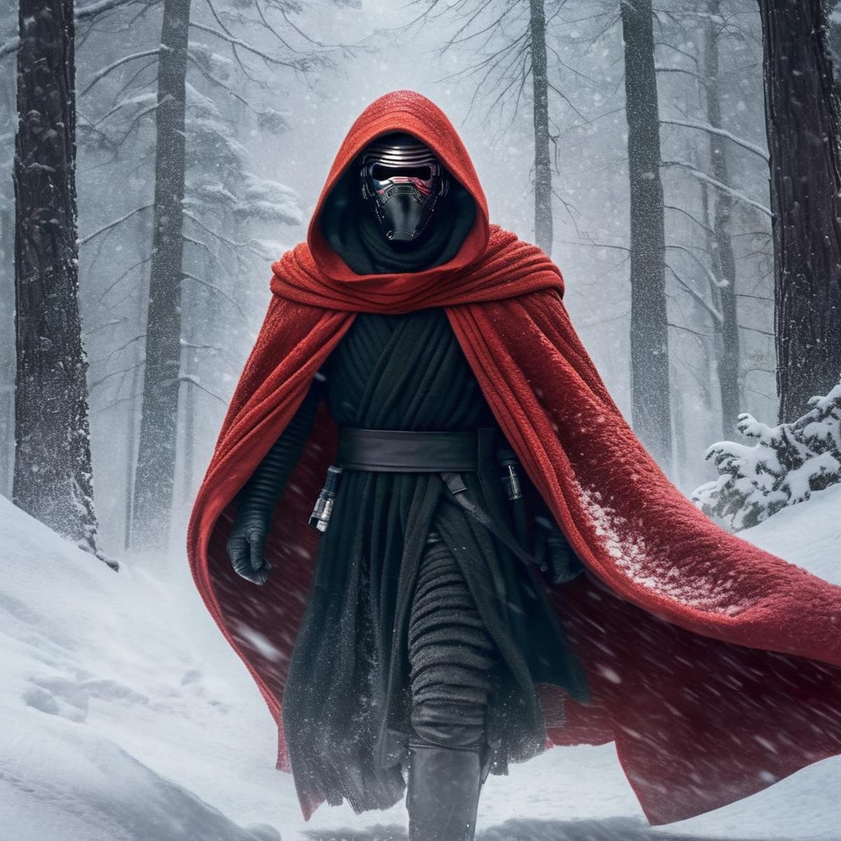 Hyperrealistic art of  <lora:Kylo Ren:1.2>Kylo Ren a ecu man in a red cloak and a hood on in a snow storm in star wars universe, Extremely high-resolution details, photographic, realism pushed to extreme, fine texture, incredibly lifelike