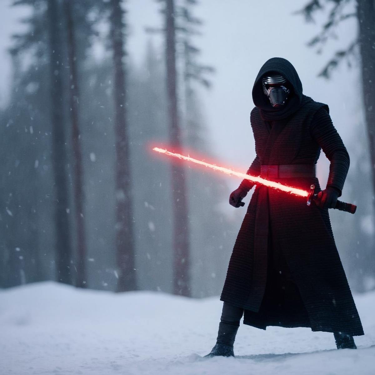 cinematic film still of  <lora:Kylo Ren:1.2>Kylo Ren a closeup of a person with a red lightsaber sword in the snow in star wars universe, shallow depth of field, vignette, highly detailed, high budget, bokeh, cinemascope, moody, epic, gorgeous, film grain, grainy