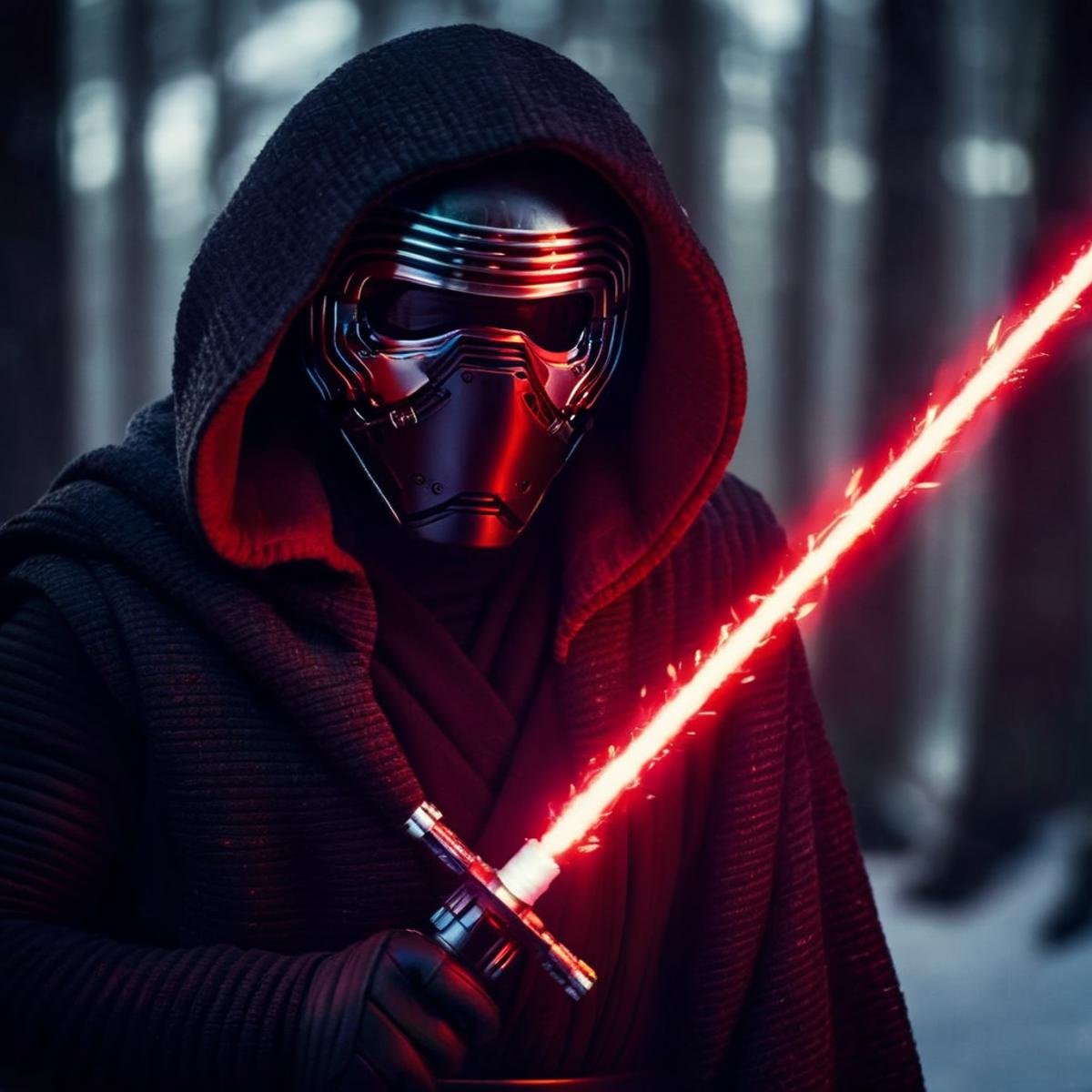 cinematic film still of  <lora:Kylo Ren:1.2>Kylo Ren a realistic close up of a person with a red lightsaber and an epic helmet with hoodie robe in star wars universe, shallow depth of field, vignette, highly detailed, high budget, bokeh, cinemascope, moody, epic, gorgeous, film grain, grainy