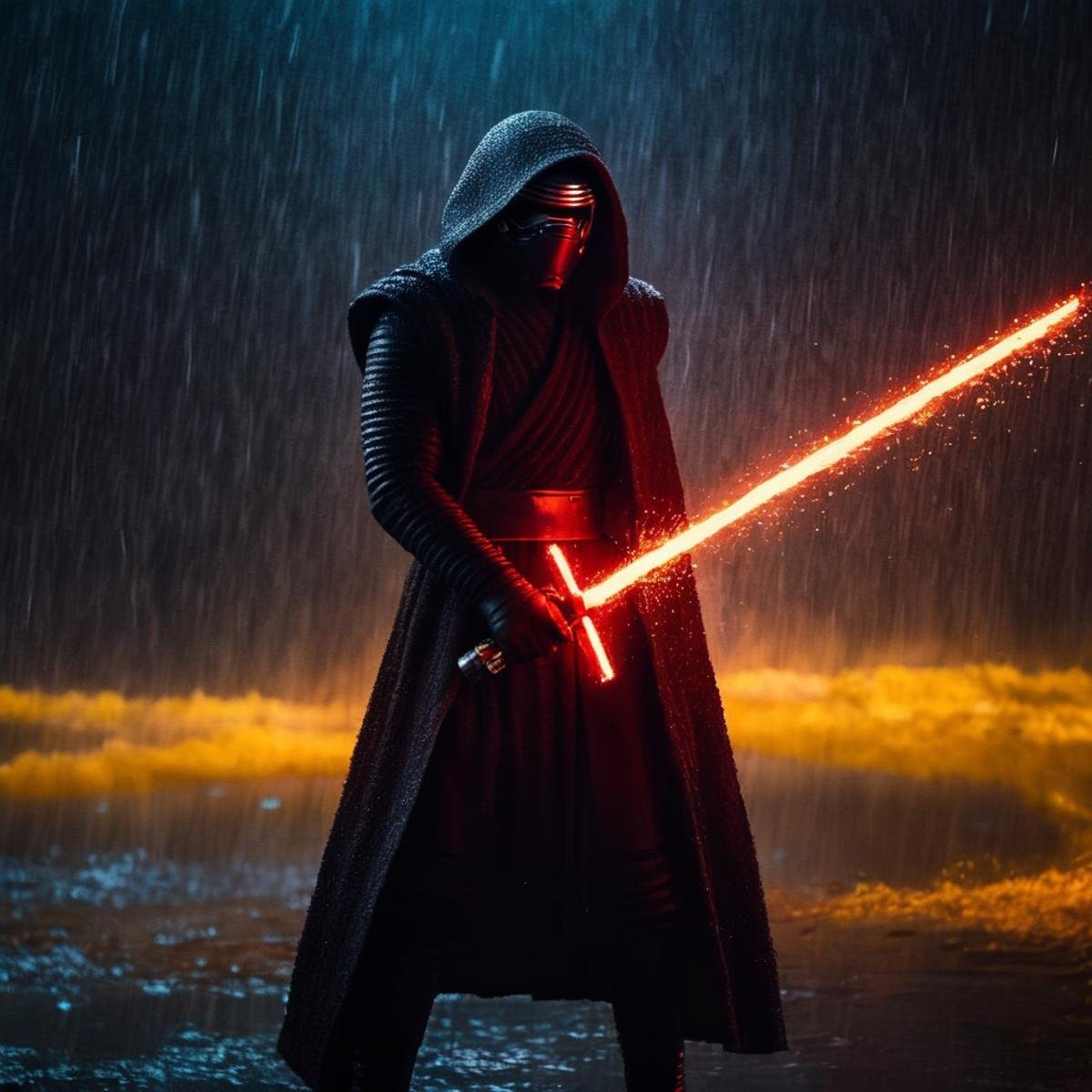 cinematic film still of  <lora:Kylo Ren:1.2>Kylo Ren an realistic photo of a man in a dark suit holding a red lightsaber sword with yellow golden liquid fire and heavy rain in star wars universe, shallow depth of field, vignette, highly detailed, high budget, bokeh, cinemascope, moody, epic, gorgeous, film grain, grainy