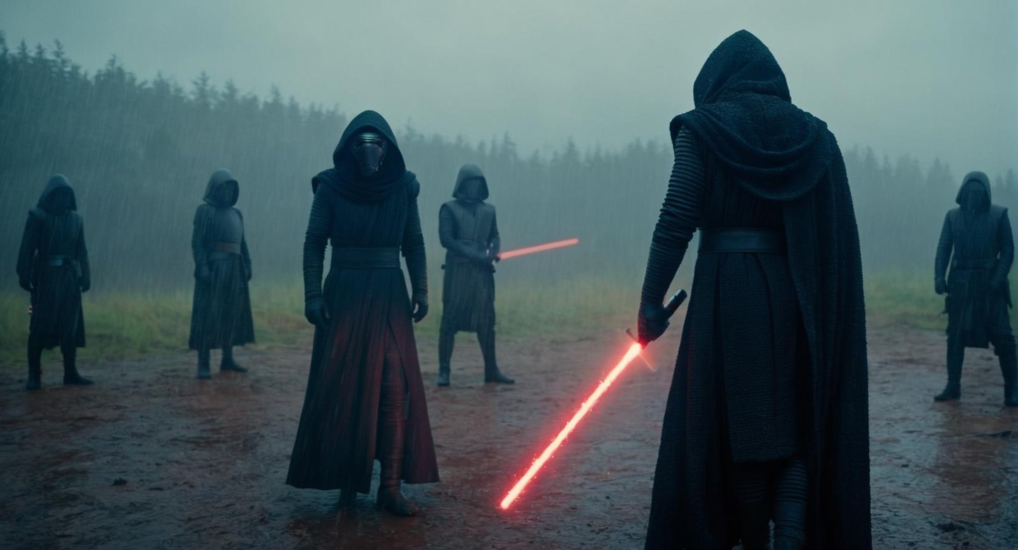 cinematic film still of  <lora:Kylo Ren:1.2>Kylo Ren a group of people standing in the rain with red lightsaber in star wars universe, shallow depth of field, vignette, highly detailed, high budget, bokeh, cinemascope, moody, epic, gorgeous, film grain, grainy