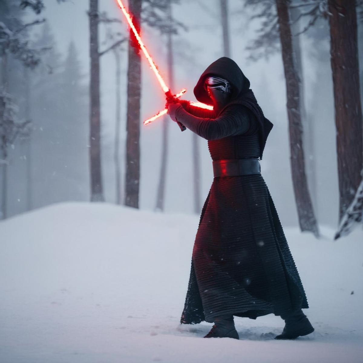 cinematic film still of  <lora:Kylo Ren:1.2>Kylo Ren a person with a red lightsaber sword in the snow in star wars universe, shallow depth of field, vignette, highly detailed, high budget, bokeh, cinemascope, moody, epic, gorgeous, film grain, grainy