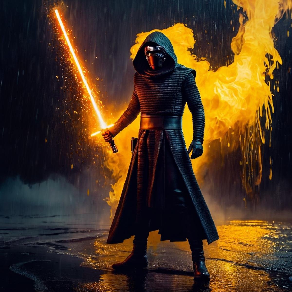 Dark Fantasy Art of  <lora:Kylo Ren:1.2>Kylo Ren an realistic photo of a man in a dark suit holding a  lightsaber with yellow golden liquid fire and heavy rain in star wars universe, dark, moody, dark fantasy style