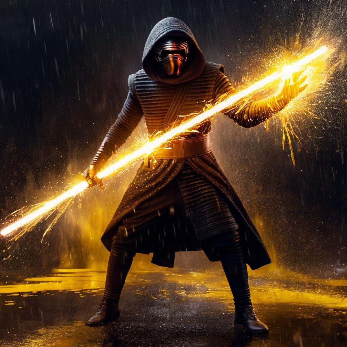 Hyperrealistic art of  <lora:Kylo Ren:1.2>Kylo Ren an realistic photo of a man in a dark suit holding a  lightsaber with yellow golden liquid fire and heavy rain in star wars universe, Extremely high-resolution details, photographic, realism pushed to extreme, fine texture, incredibly lifelike