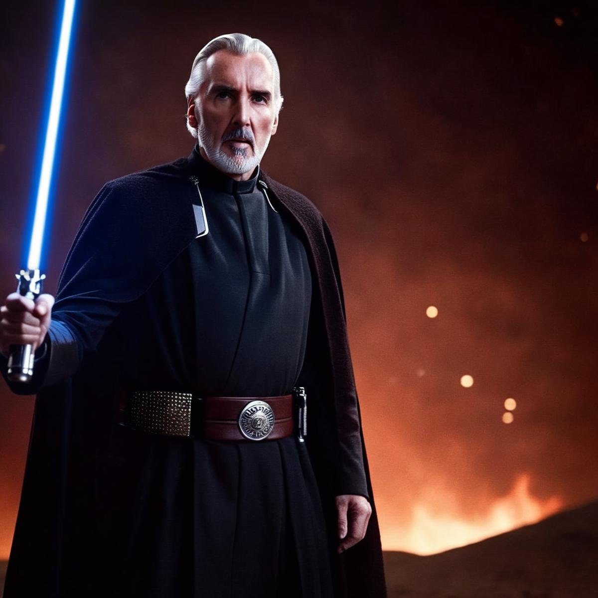 cinematic film still of  <lora:Count Dooku Darth Tyranus:1>Count Dooku Darth Tyranus a man in a star wars outfit holding a lightsaber in star wars universe, shallow depth of field, vignette, highly detailed, high budget, bokeh, cinemascope, moody, epic, gorgeous, film grain, grainy